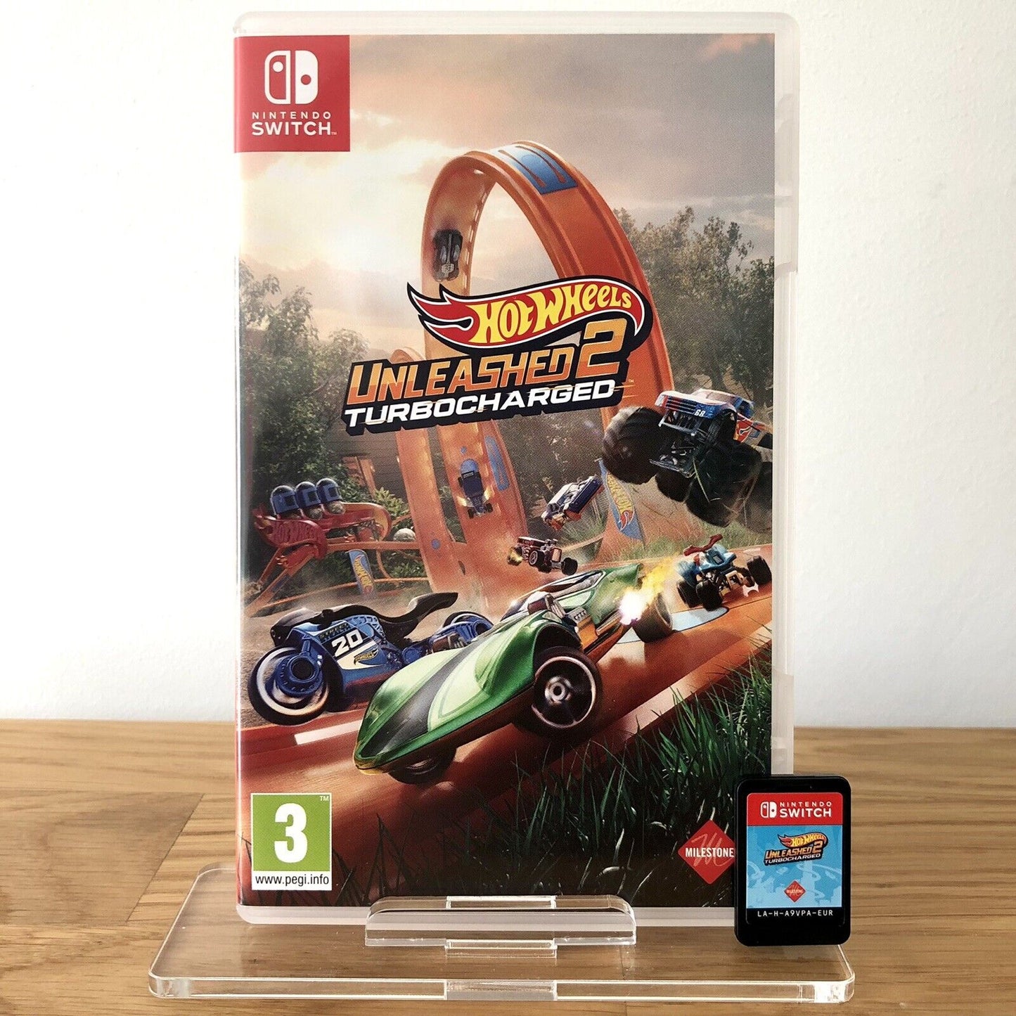 Front case cover of Hot Wheels Unleashed 2 Turbocharged for Nintendo Switch, featuring game artwork, title, and front of cartridge.