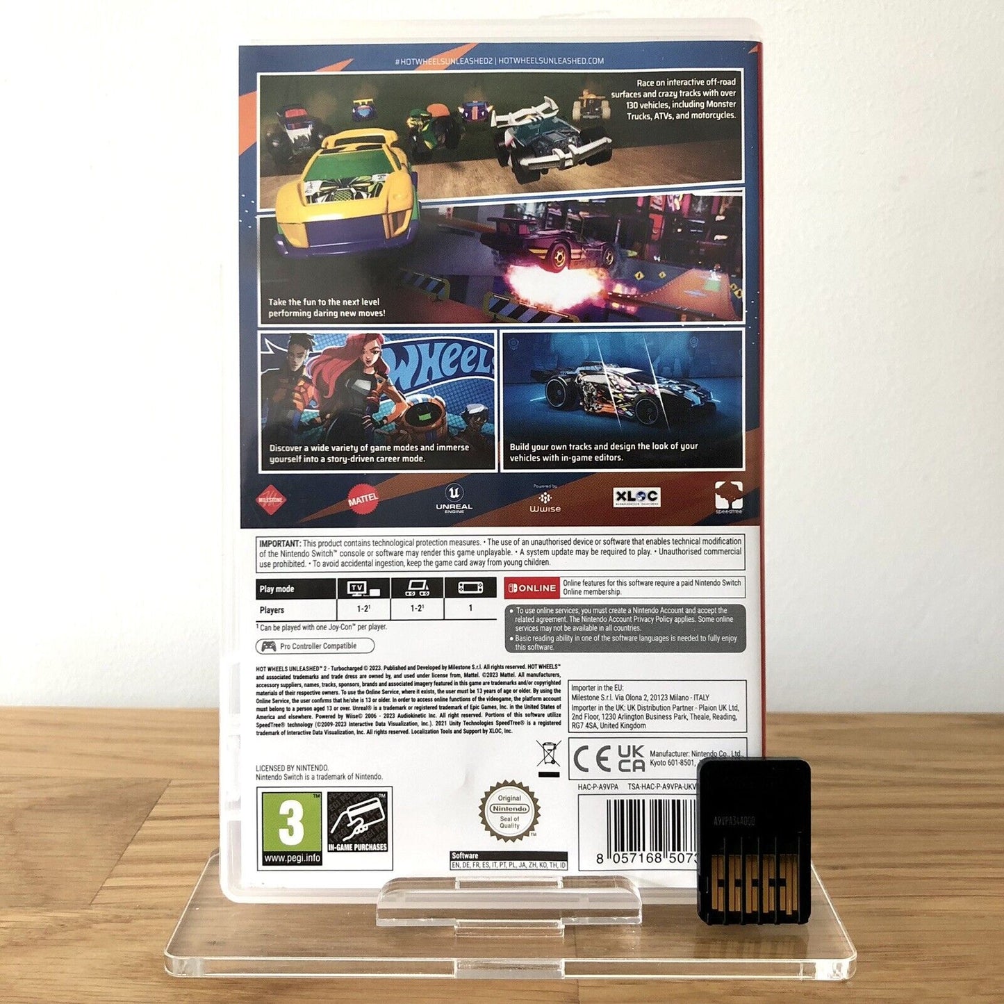 Back case cover of Hot Wheels Unleashed 2 Turbocharged for Nintendo Switch, showing game details, features, and back of cartridge.