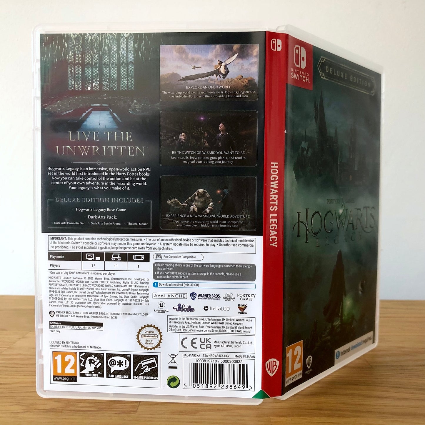 Angled back view of Hogwarts Legacy for Nintendo Switch, showing full back cover artwork.