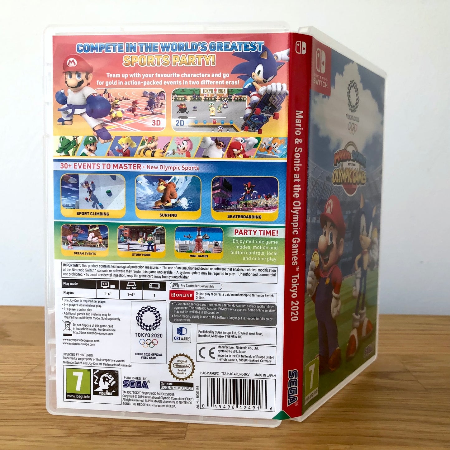 Angled back view of Mario & Sonic at the Olympic Games: Tokyo 2020 for Nintendo Switch, showing full back cover artwork.