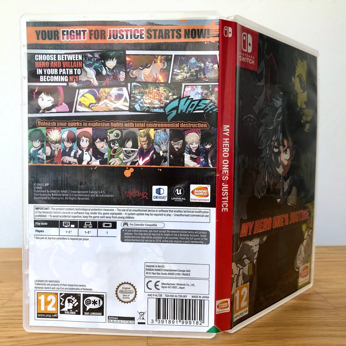 Angled back view of My Hero One’s Justice for Nintendo Switch, showing full back cover artwork.