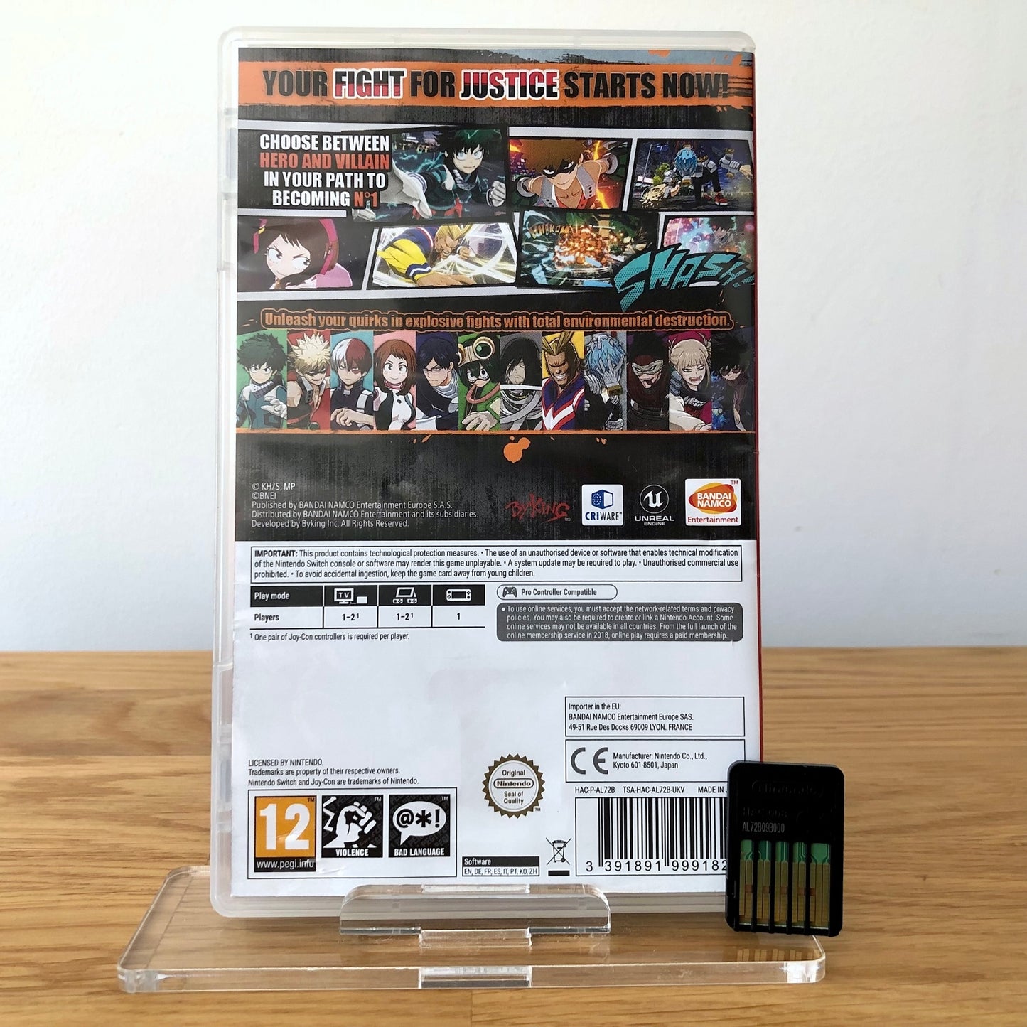 Back cover of My Hero One’s Justice for Nintendo Switch, showing game details, features, and back of cartridge.