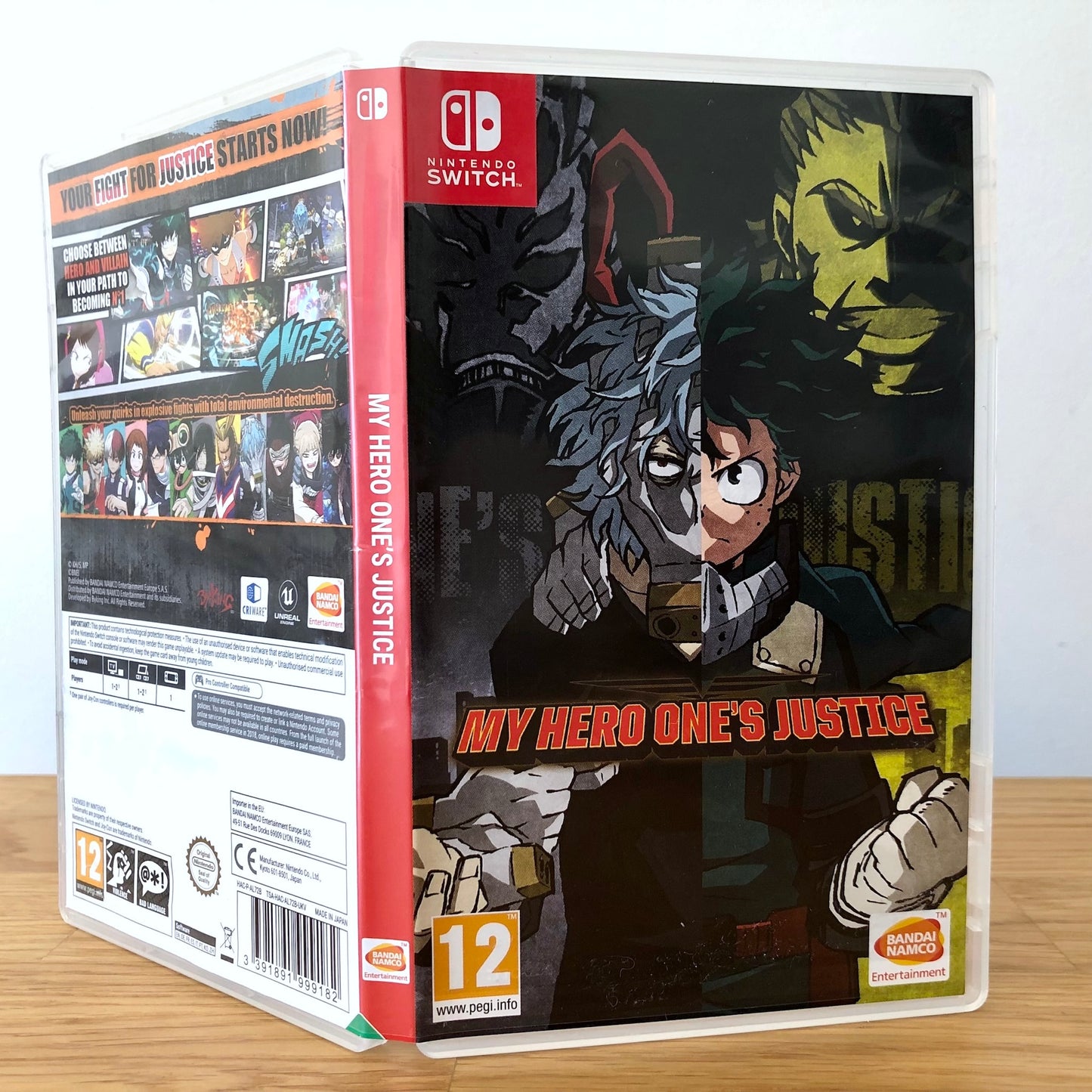 Angled front view of My Hero One’s Justice for Nintendo Switch, showing full front cover artwork.