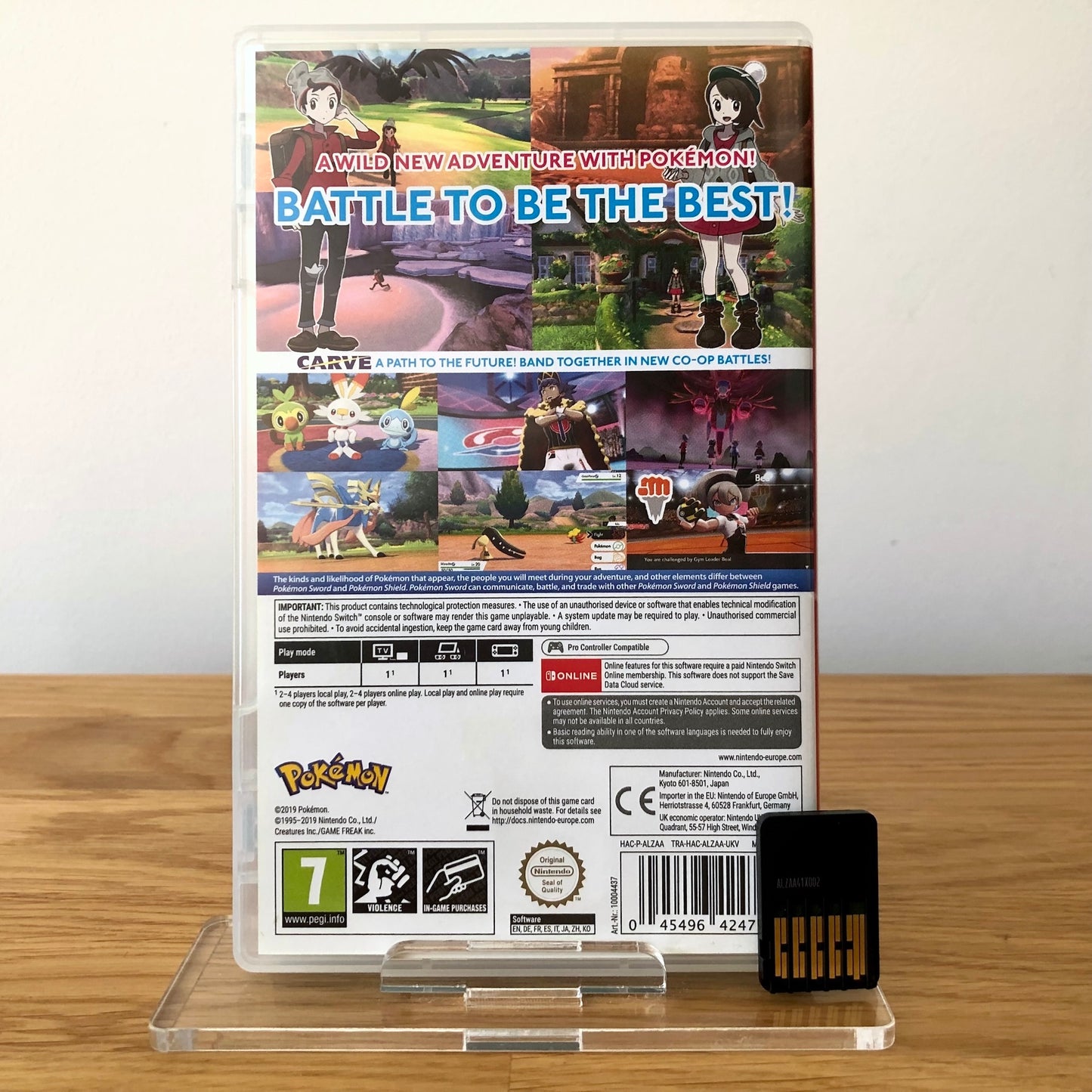 Back cover of Pokémon Sword for Nintendo Switch, showing game details, features, and back of cartridge.