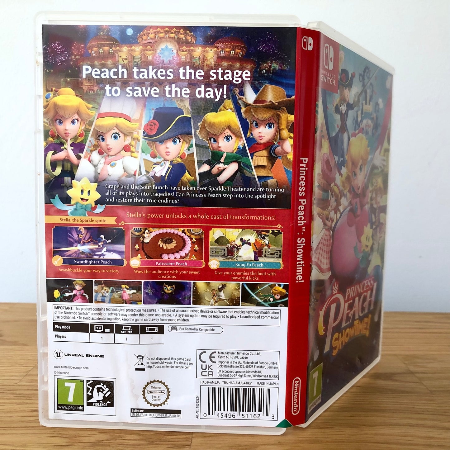 Angled back view of Princess Peach Showtime! for Nintendo Switch, showing full back cover artwork.