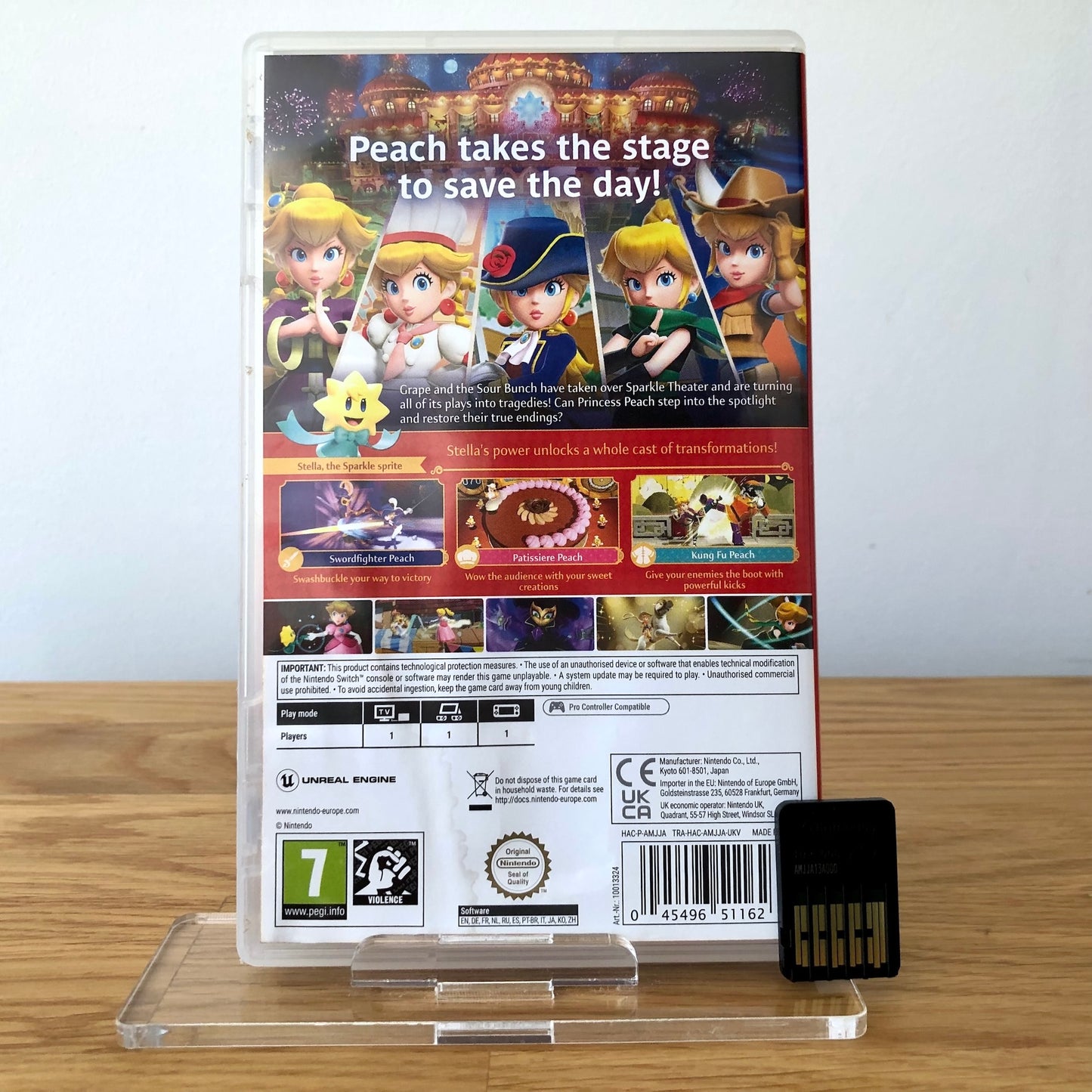 Back cover of Princess Peach Showtime! for Nintendo Switch, showing game details, features, and back of cartridge.