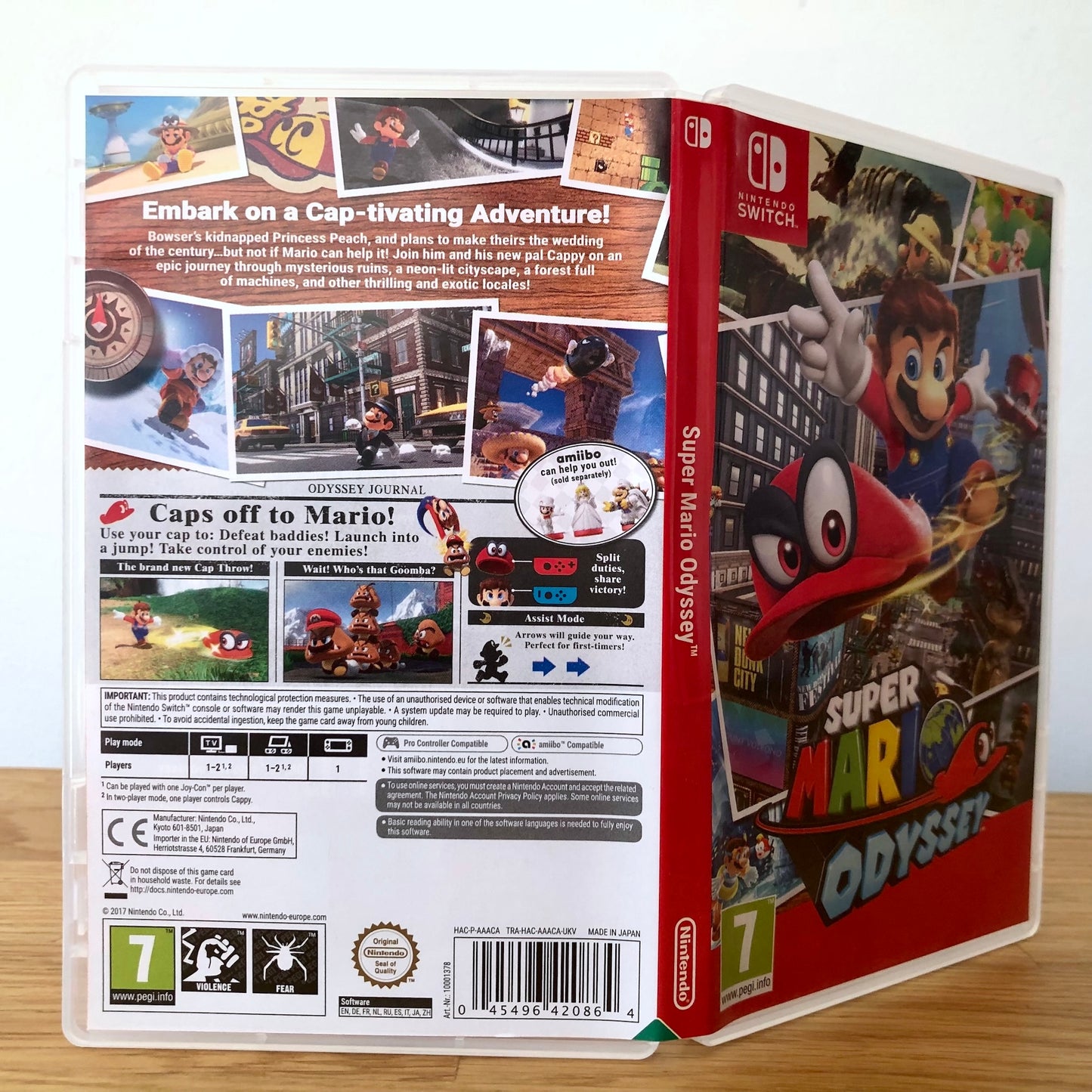 Angled back view of Super Mario Odyssey for Nintendo Switch, showing full back cover artwork.