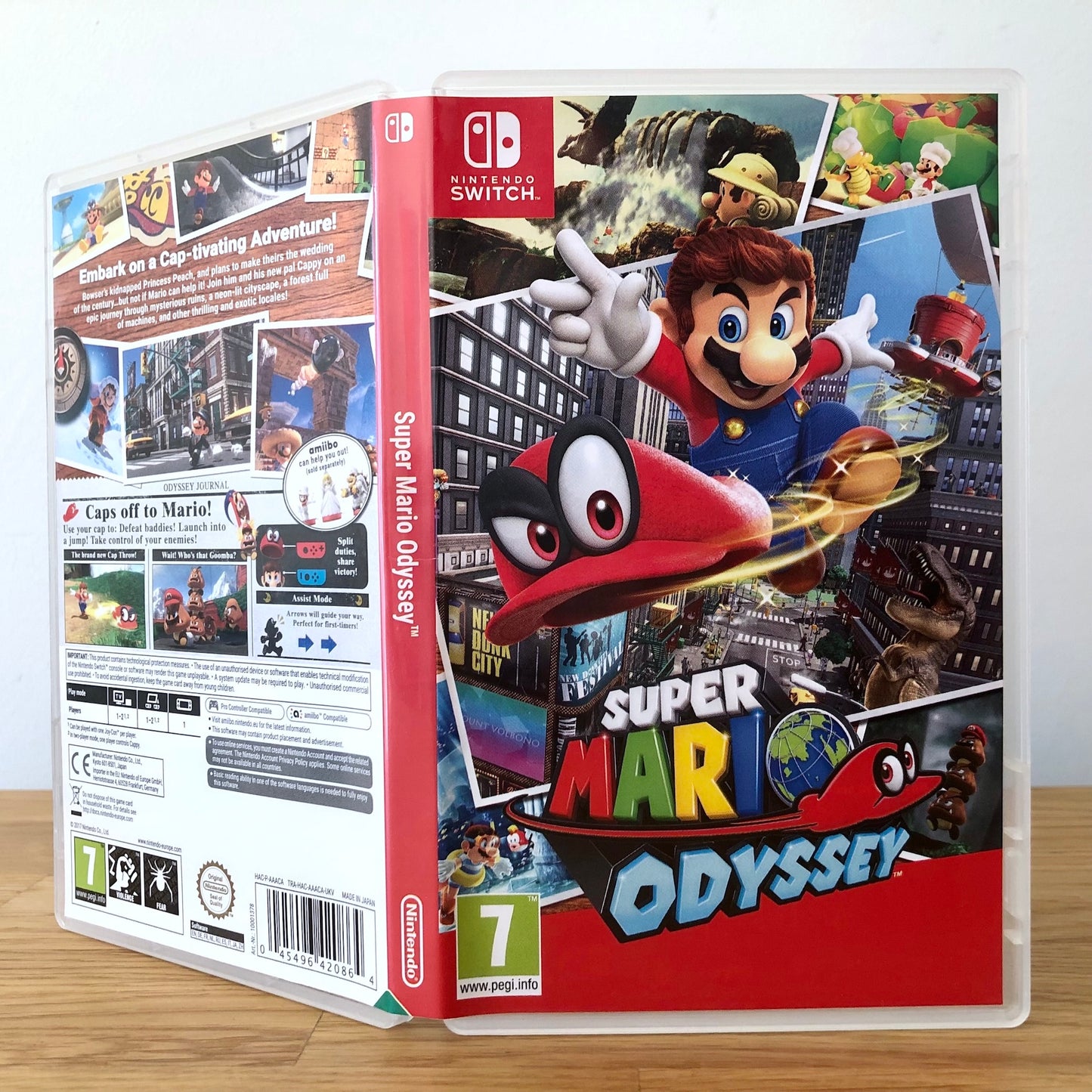 Angled front view of Super Mario Odyssey for Nintendo Switch, showing full front cover artwork.