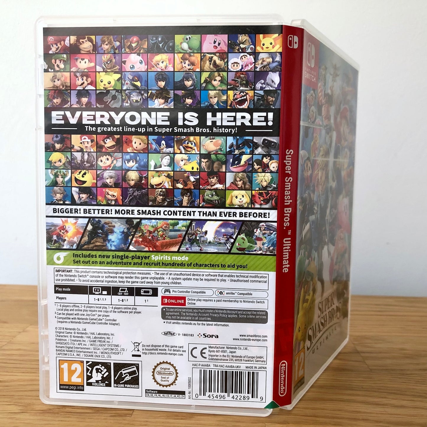 Angled back view of Super Smash Bros. Ultimate for Nintendo Switch, showing full back cover artwork.