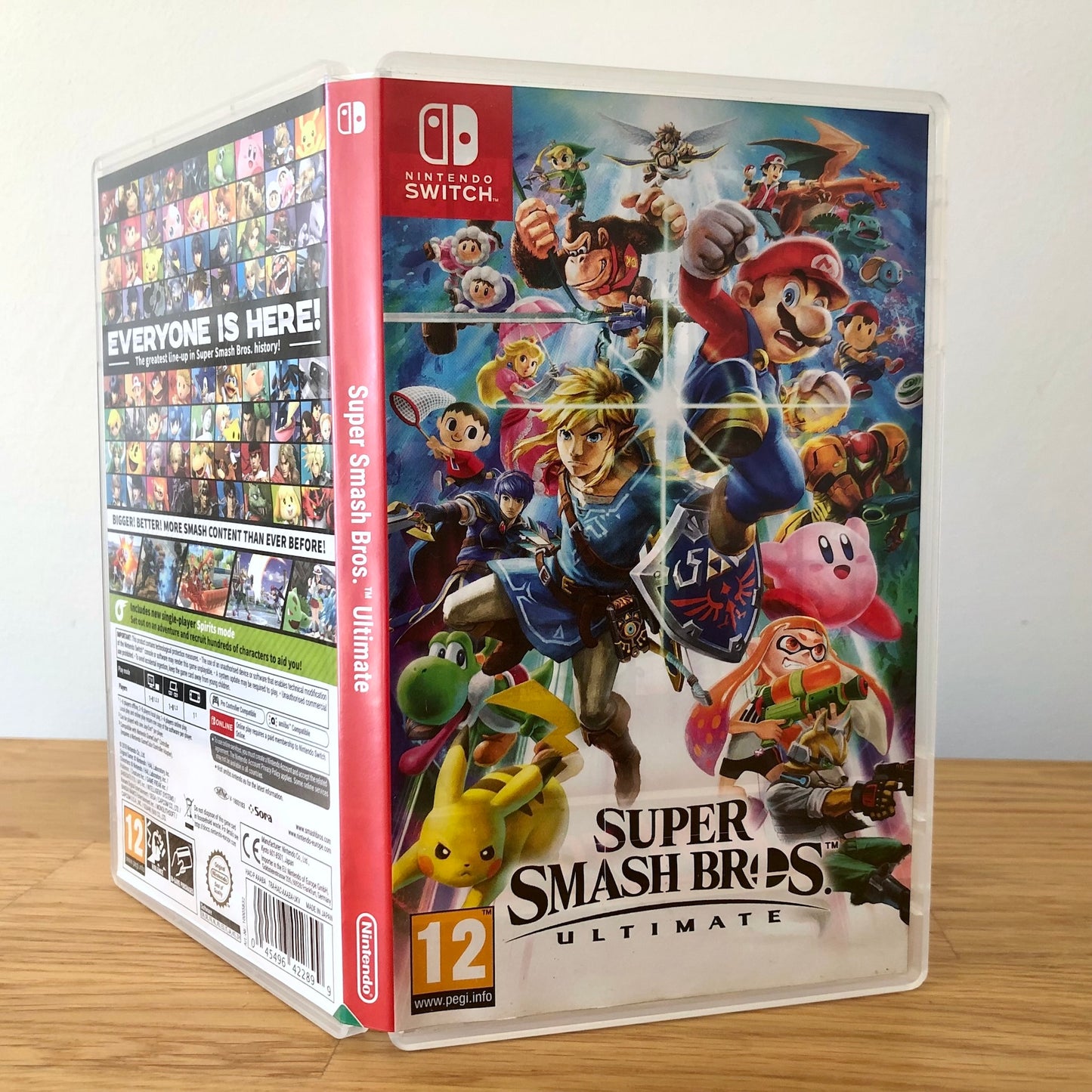 Angled front view of Super Smash Bros. Ultimate for Nintendo Switch, showing full front cover artwork.