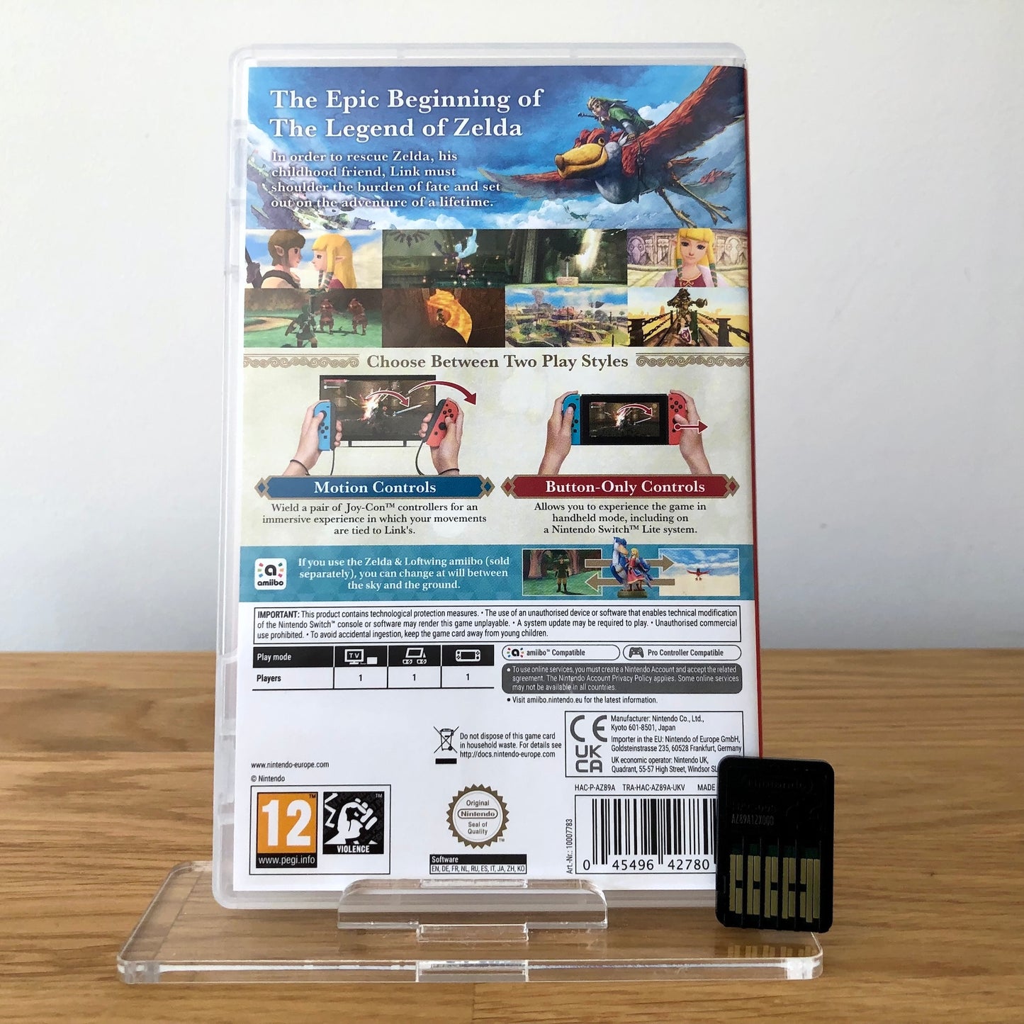 Back cover of The Legend of Zelda: Skyward Sword HD for Nintendo Switch, showing game details, features, and back of cartridge.