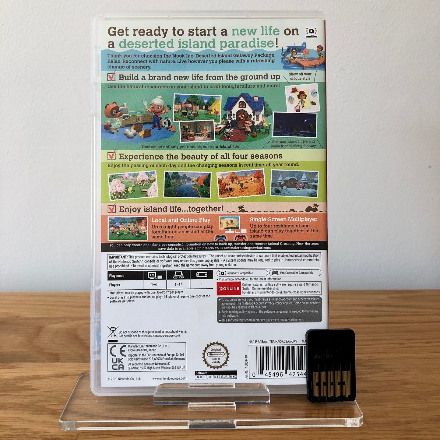 Back cover of Animal Crossing: New Horizons for Nintendo Switch, showing game details and features.