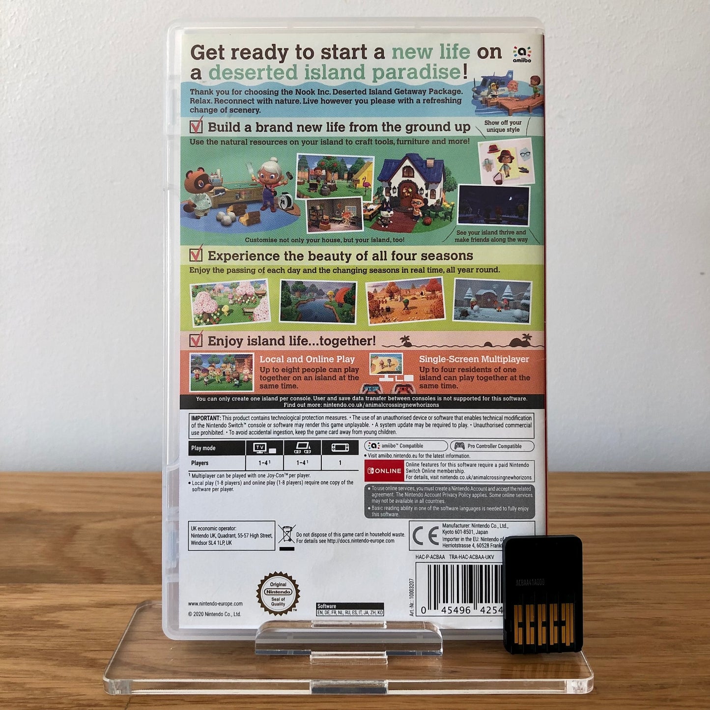 Back cover of Animal Crossing: New Horizons for Nintendo Switch, showing game details and features.