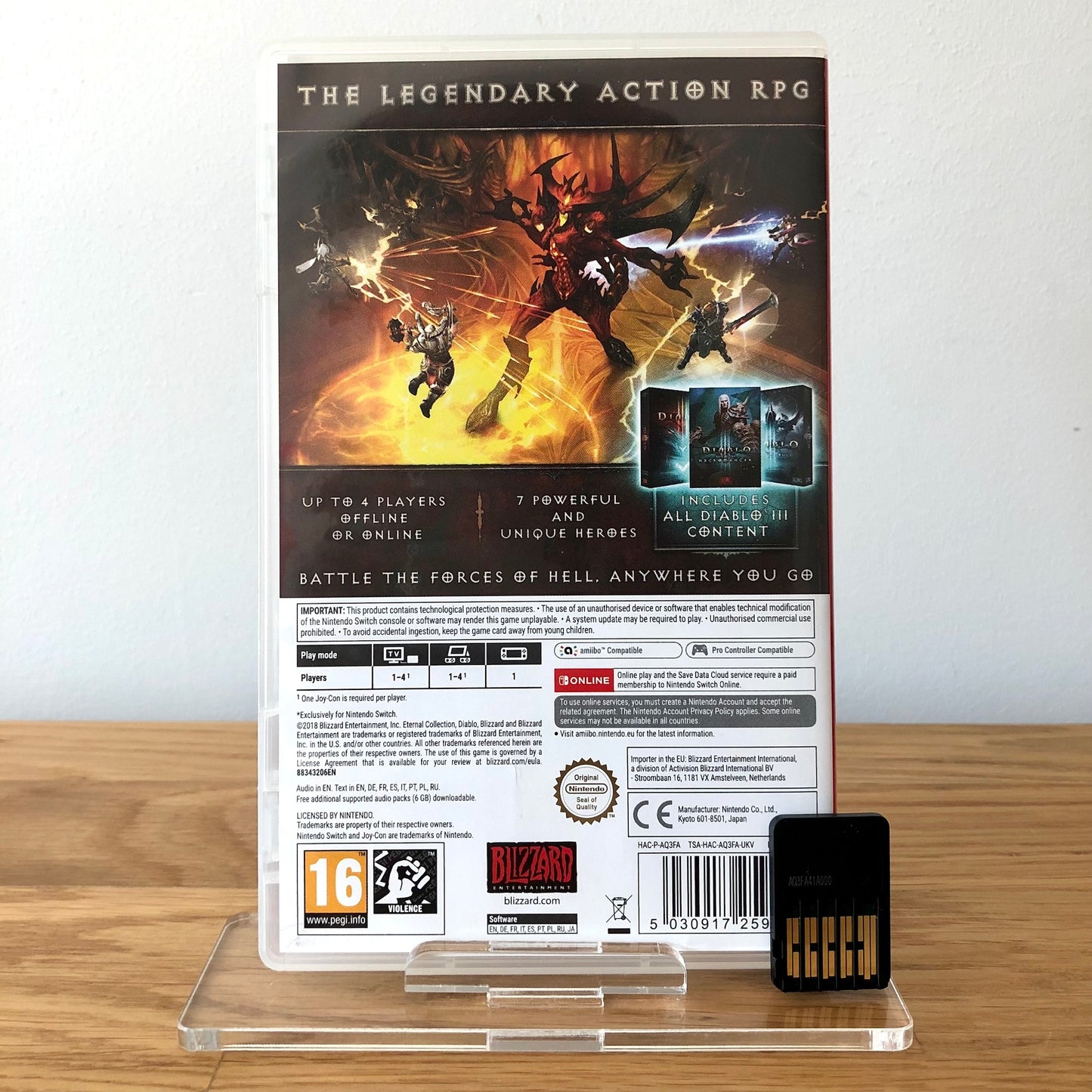 Back cover of Diablo III: Eternal Collection for Nintendo Switch, showing game details, features, and back of cartridge.