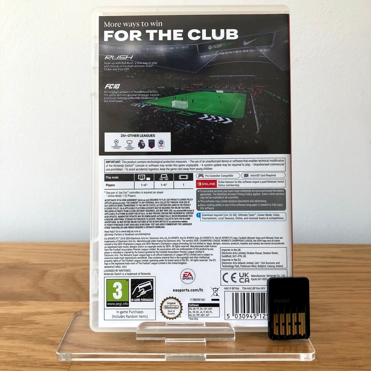Back case cover of FC 25 for Nintendo Switch, showing game details, features, and back of cartridge.