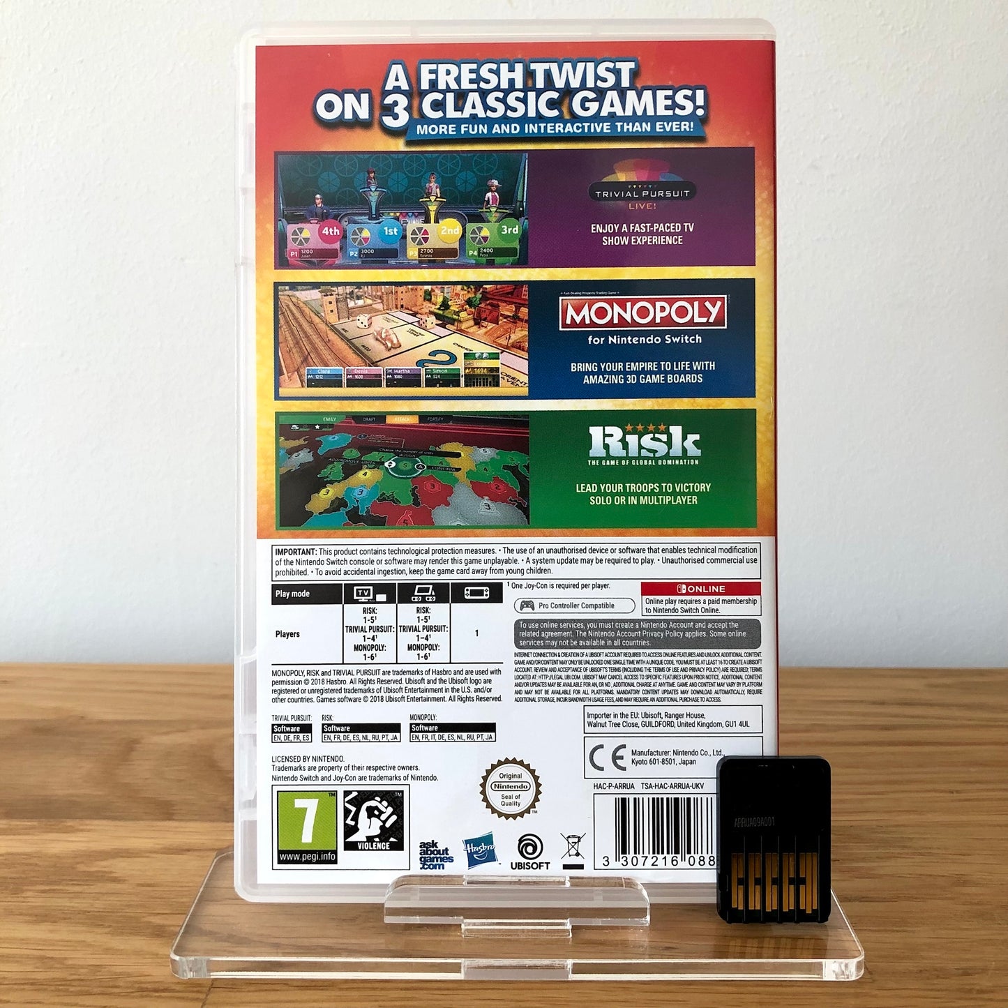 Back case cover of Hasbro Game Night for Nintendo Switch, showing game details, features, and back of cartridge.