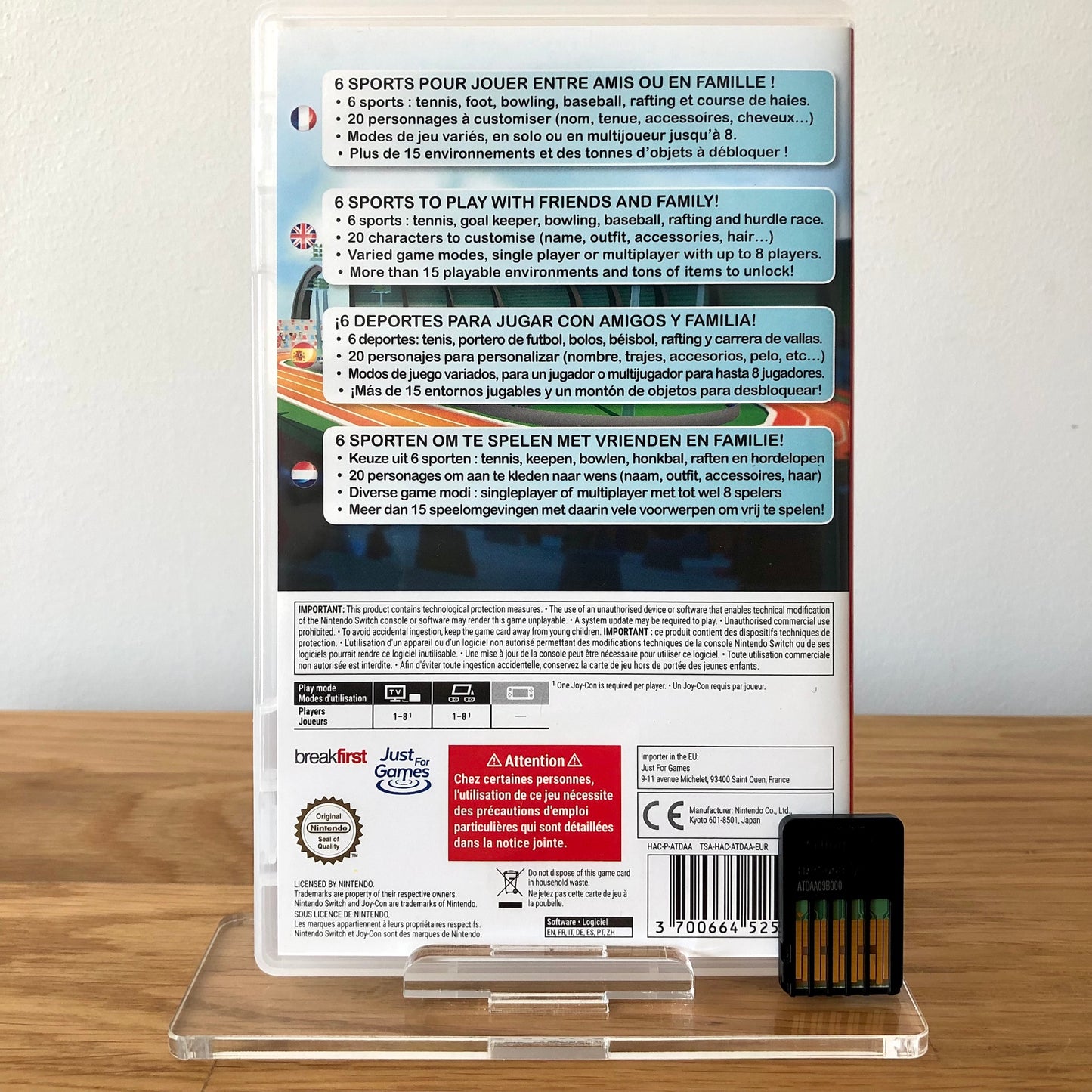 Back case cover of Instant Sports for Nintendo Switch, showing game details, features, and back of cartridge.