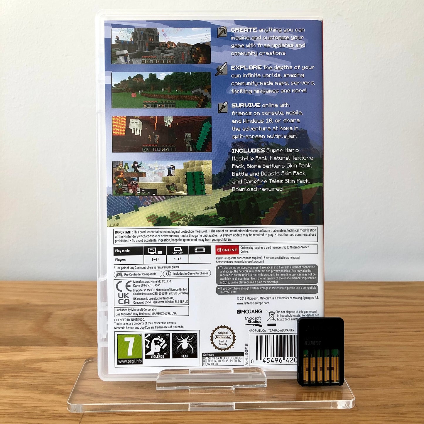 Back case cover of Minecraft for Nintendo Switch, showing game details, features, and back of cartridge.