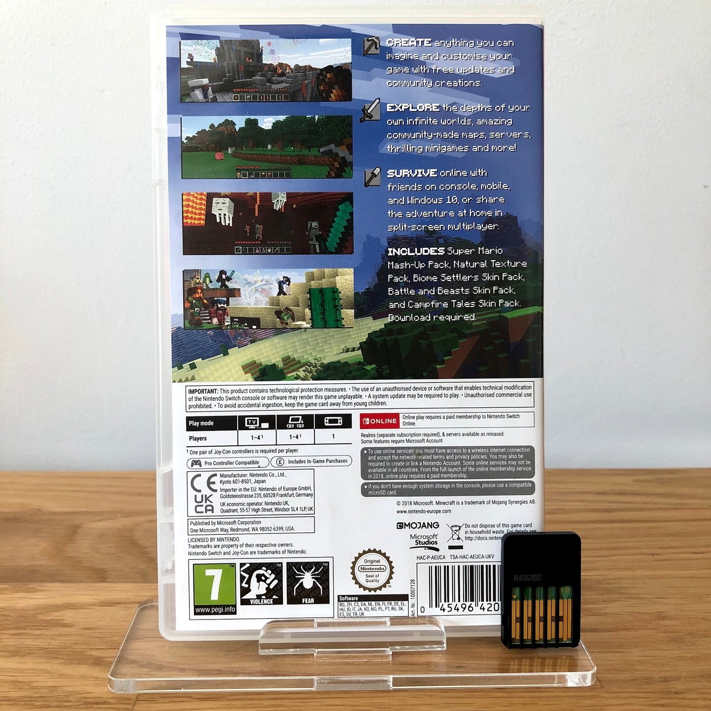 Back case cover of Minecraft for Nintendo Switch, showing game details, features, and back of cartridge.