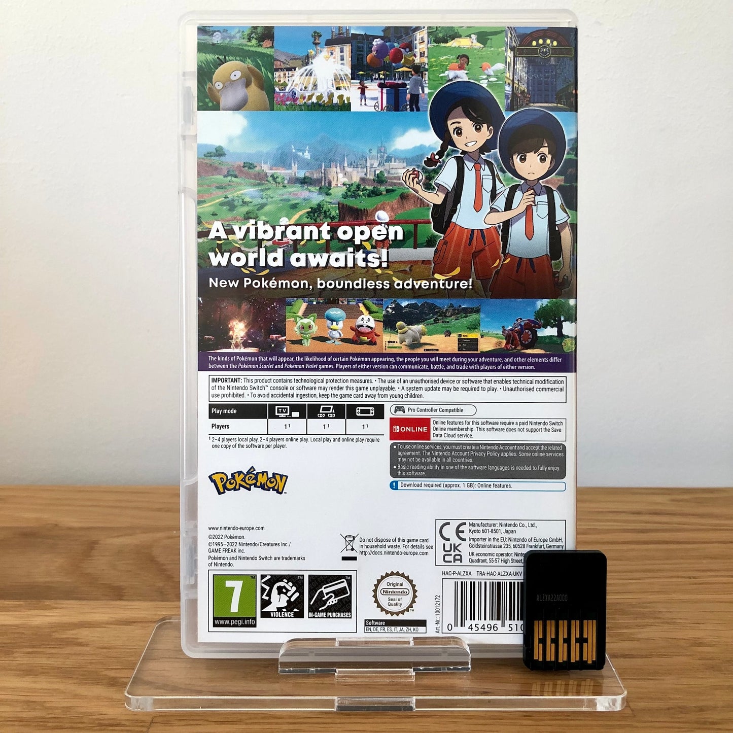 Back case cover of Pokémon Scarlet for Nintendo Switch, showing game details, features, and back of cartridge.