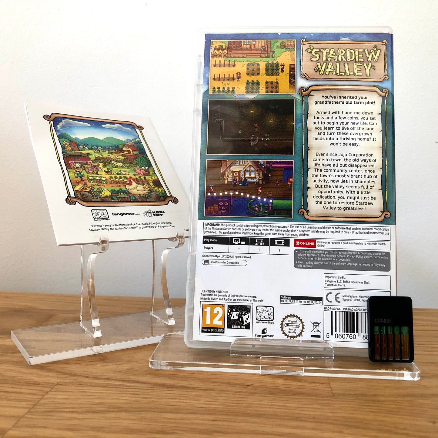Back case cover of Stardew Valley for Nintendo Switch, showing game details, features, back of cartridge and back of game manual.
