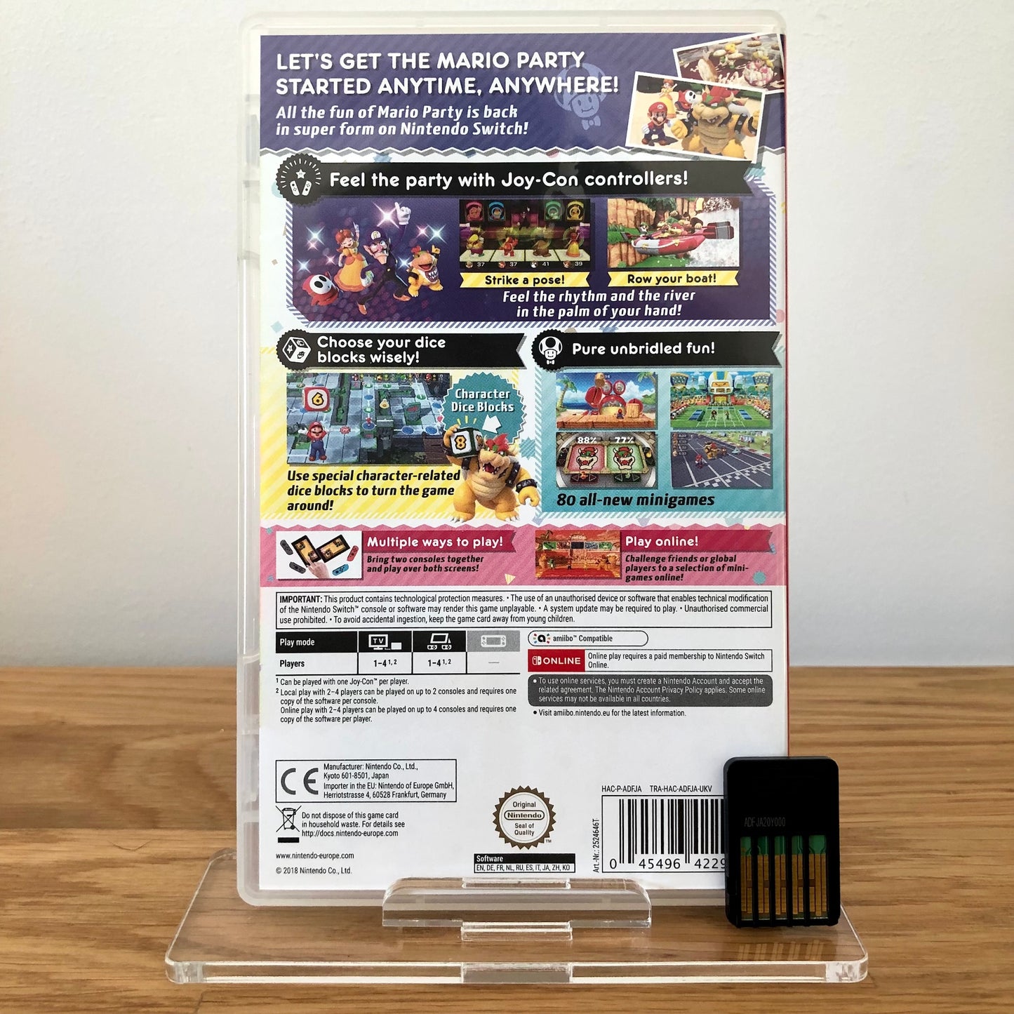 Back case cover of Super Mario Party for Nintendo Switch, showing game details, features, and back of cartridge.