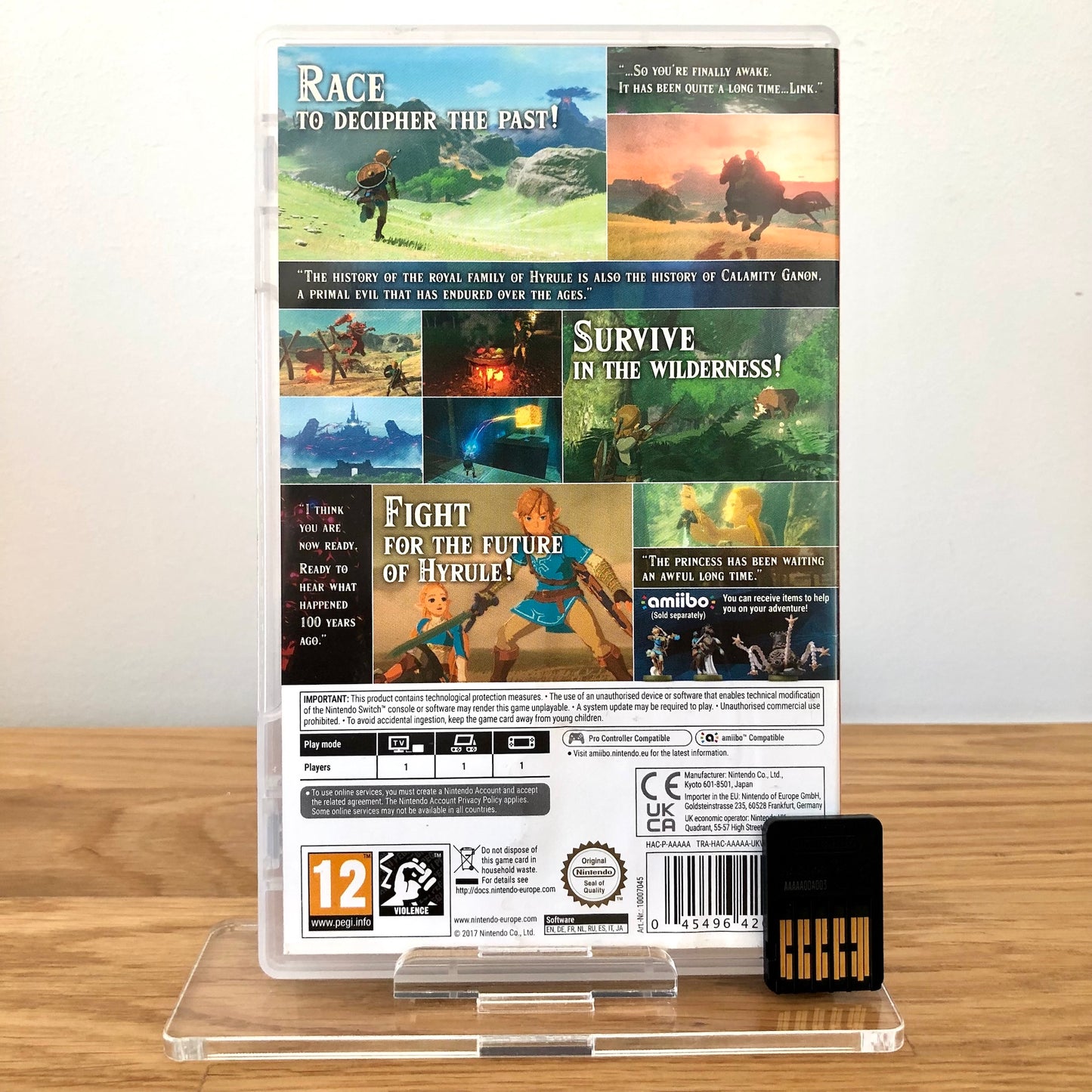 Back case cover of The Legend of Zelda: Breath of the Wild for Nintendo Switch, showing game details, features, and back of cartridge.