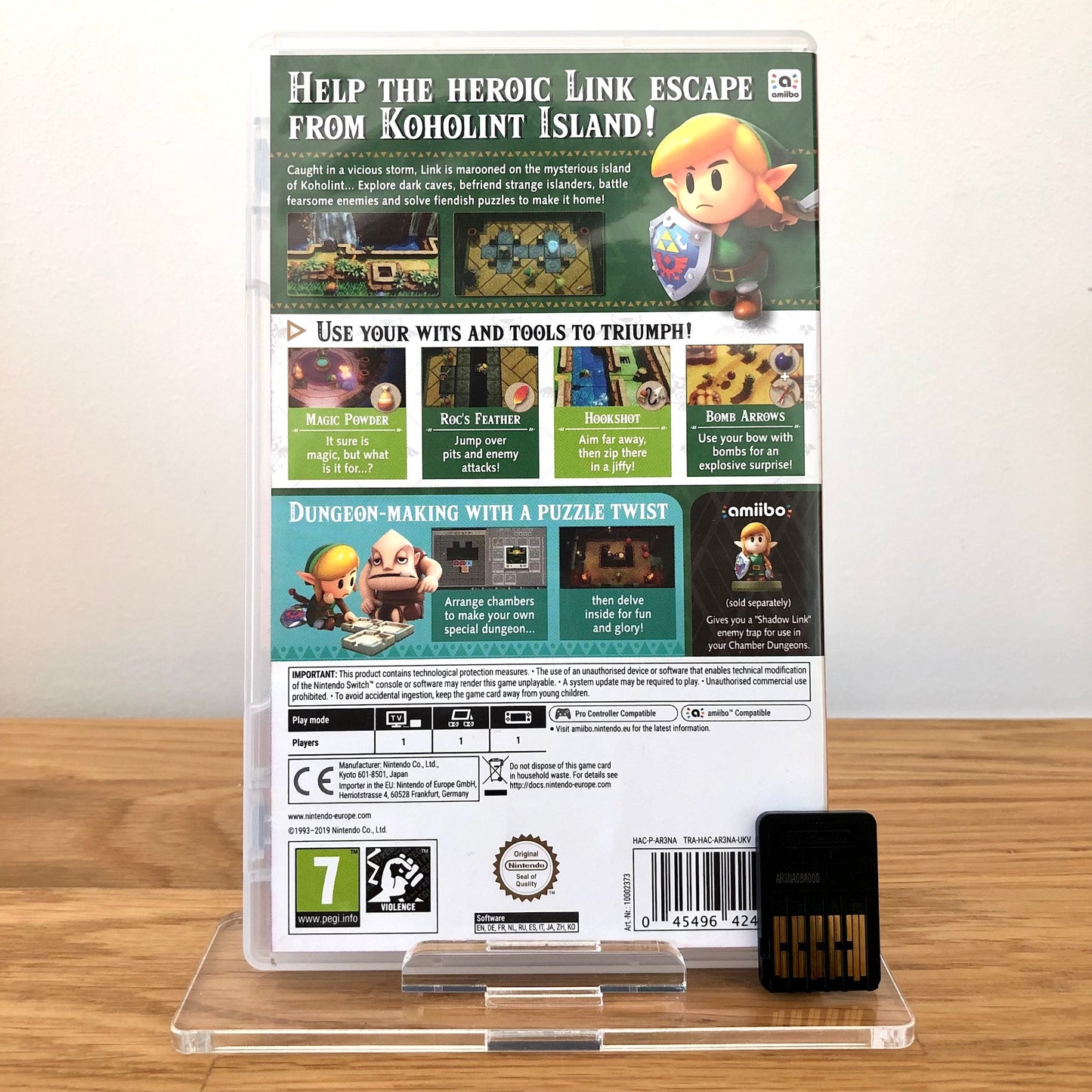 Back case cover of The Legend of Zelda: Link's Awakening for Nintendo Switch, showing game details, features, and back of cartridge.
