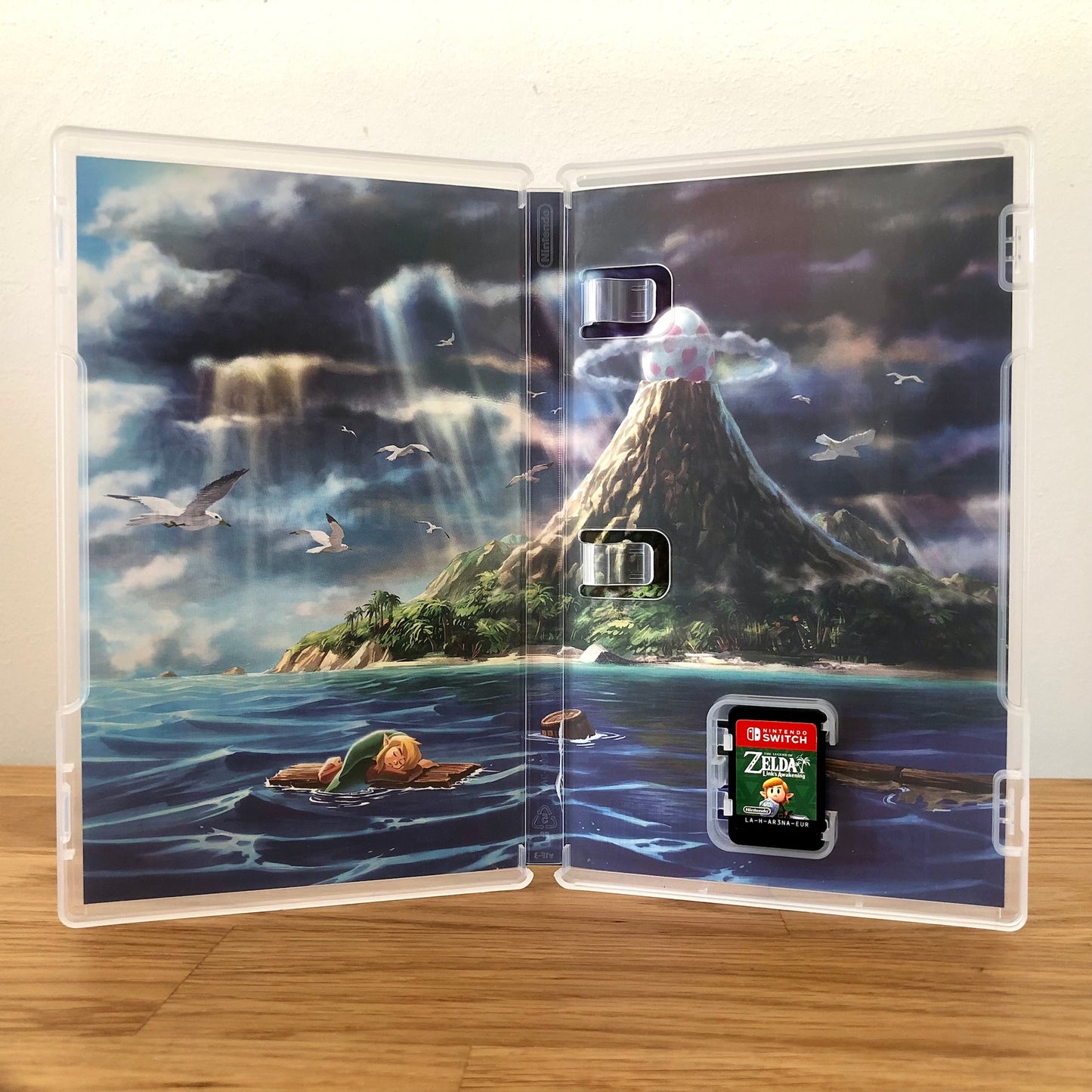 Inside the case of The Legend of Zelda: Link's Awakening for Nintendo Switch, showing the cartridge and case design.