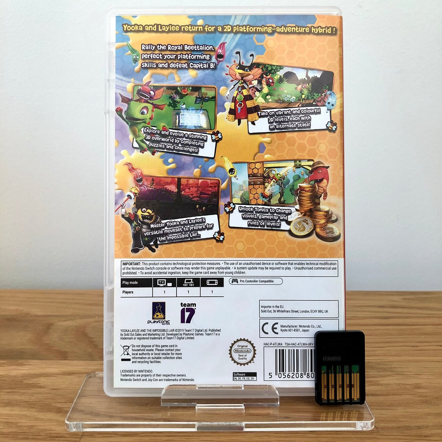 Back case cover of YOOKA-LAYLEE AND THE IMPOSSIBLE LAIR for Nintendo Switch, showing game details, features, and back of cartridge.