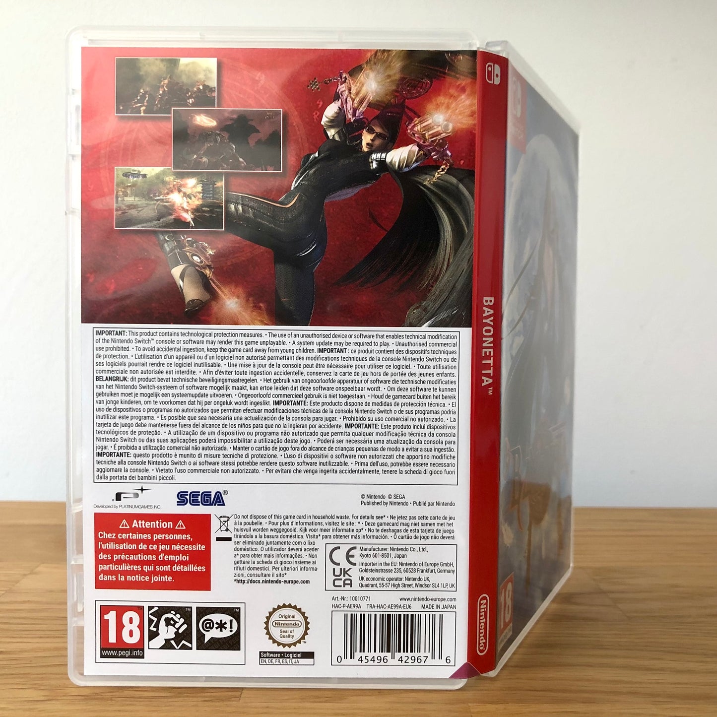 Angled back view of Bayonetta for Nintendo Switch, displaying full back cover and features.