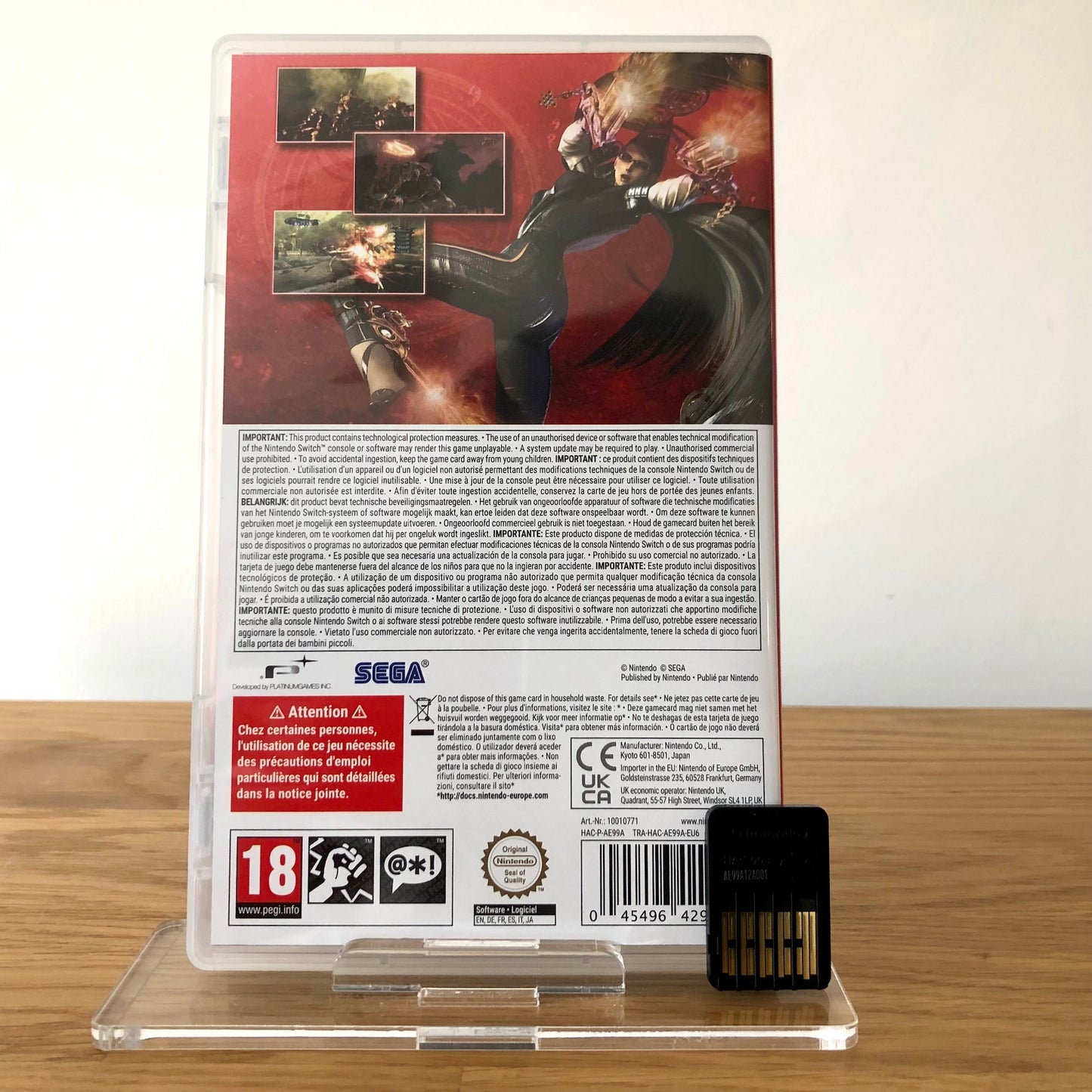 Back cover of Bayonetta for Nintendo Switch, showing game details, features, and back of cartridge.