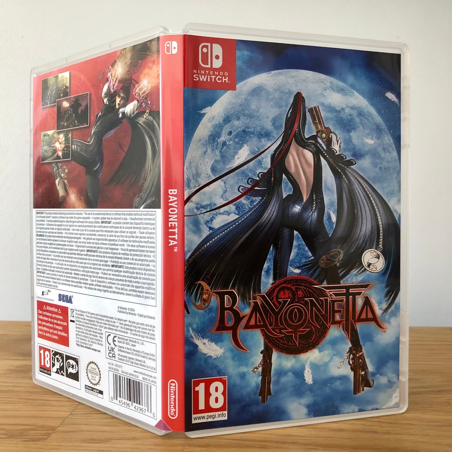 Angled front view of Bayonetta for Nintendo Switch, highlighting the full front cover artwork.
