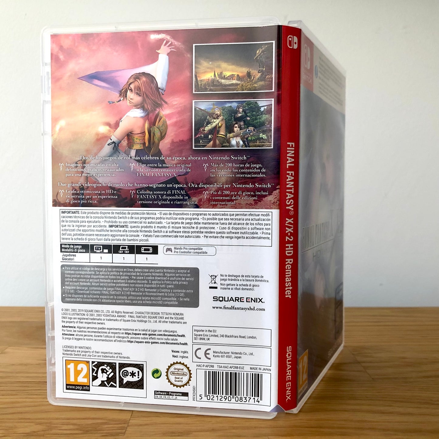 Angled back view of Final Fantasy X/X-2 HD Remaster for Nintendo Switch, displaying full back cover and features.