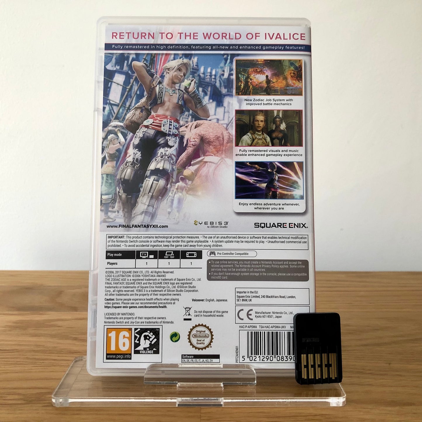 Back cover of Final Fantasy XII The Zodiac Age for Nintendo Switch, showing game details, features, and back of cartridge.