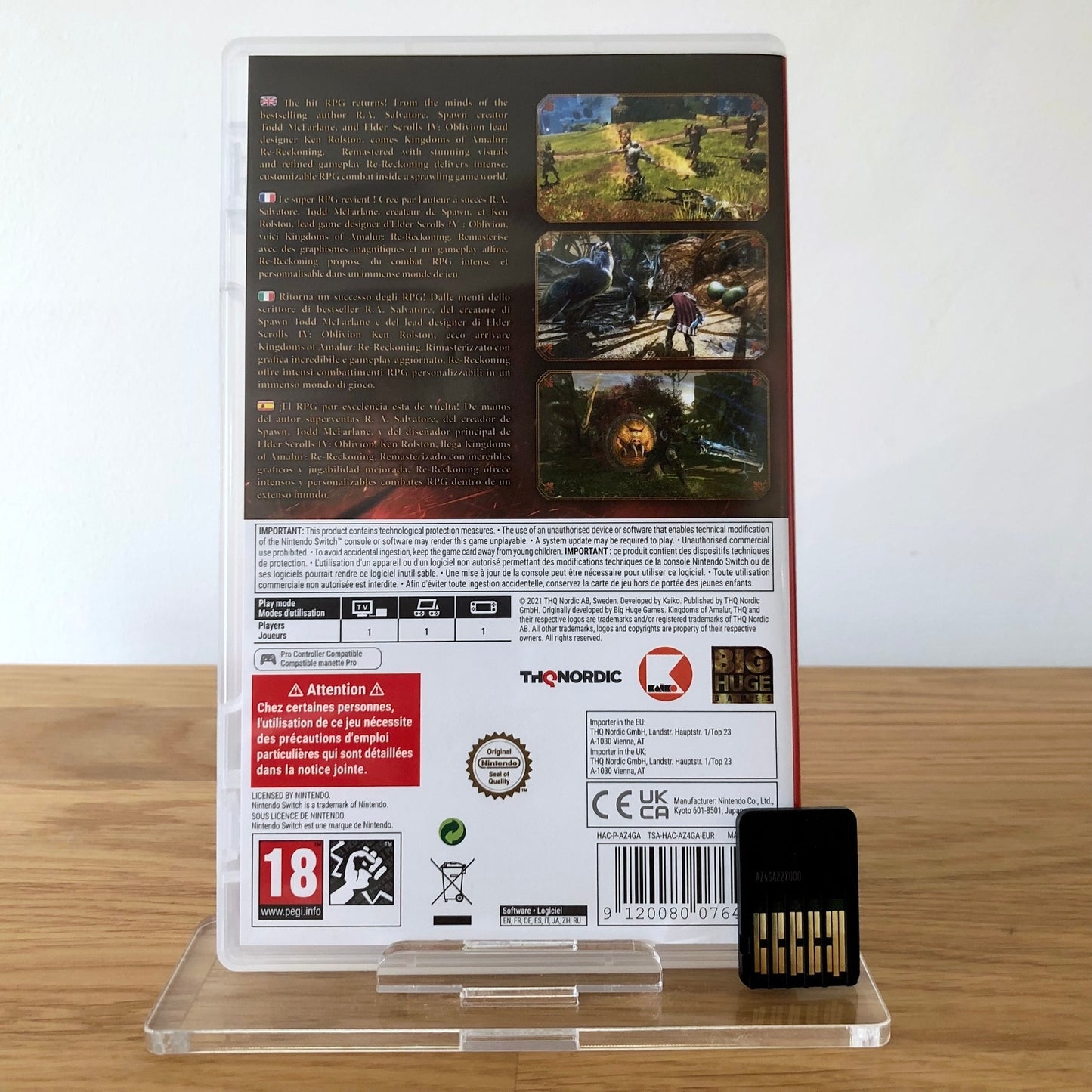 Back cover of Kingdoms of Amalur: Re-Reckoning for Nintendo Switch, showing game details, features, and back of cartridge.