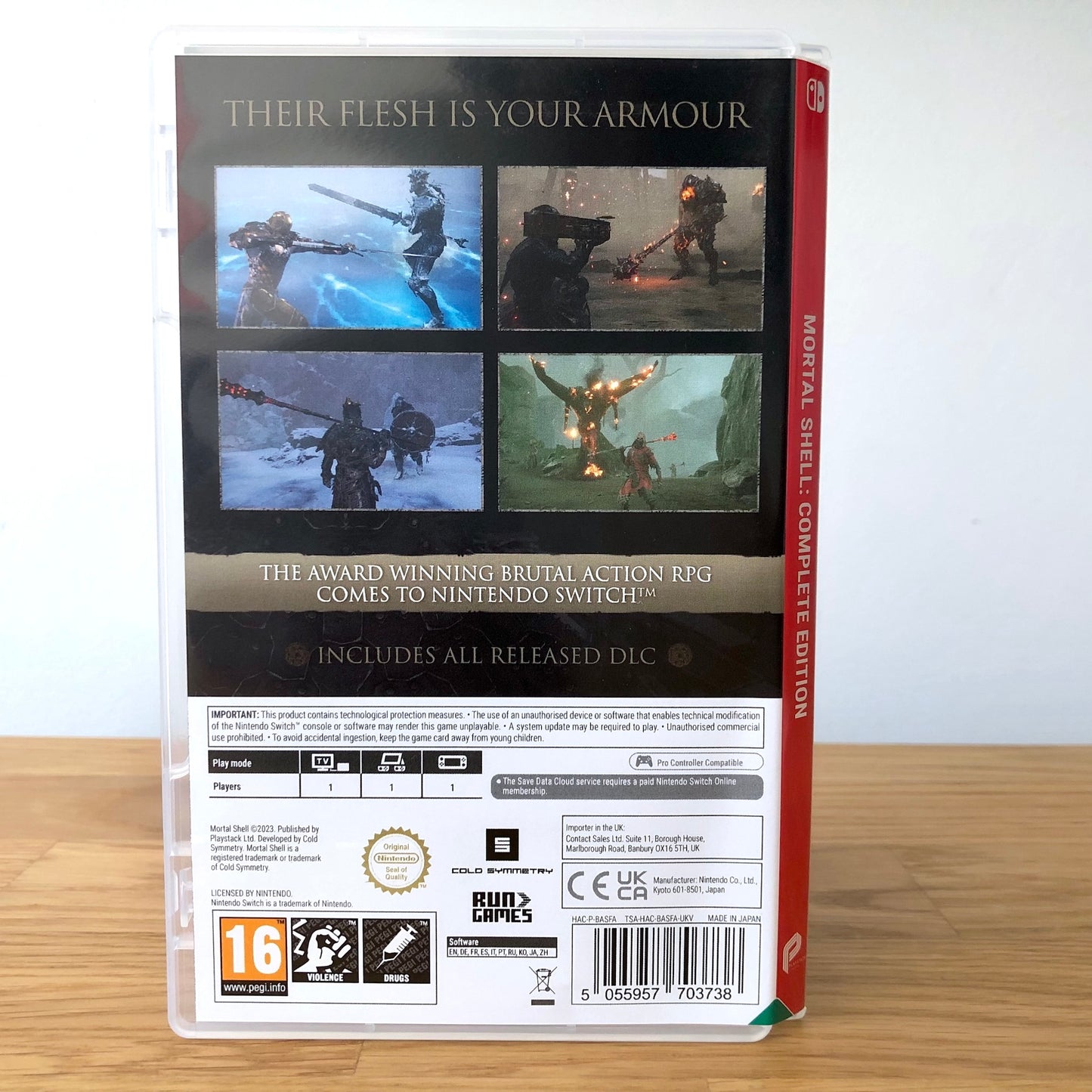 Angled back view of Mortal Shell: Complete Edition for Nintendo Switch, showing full back cover artwork.