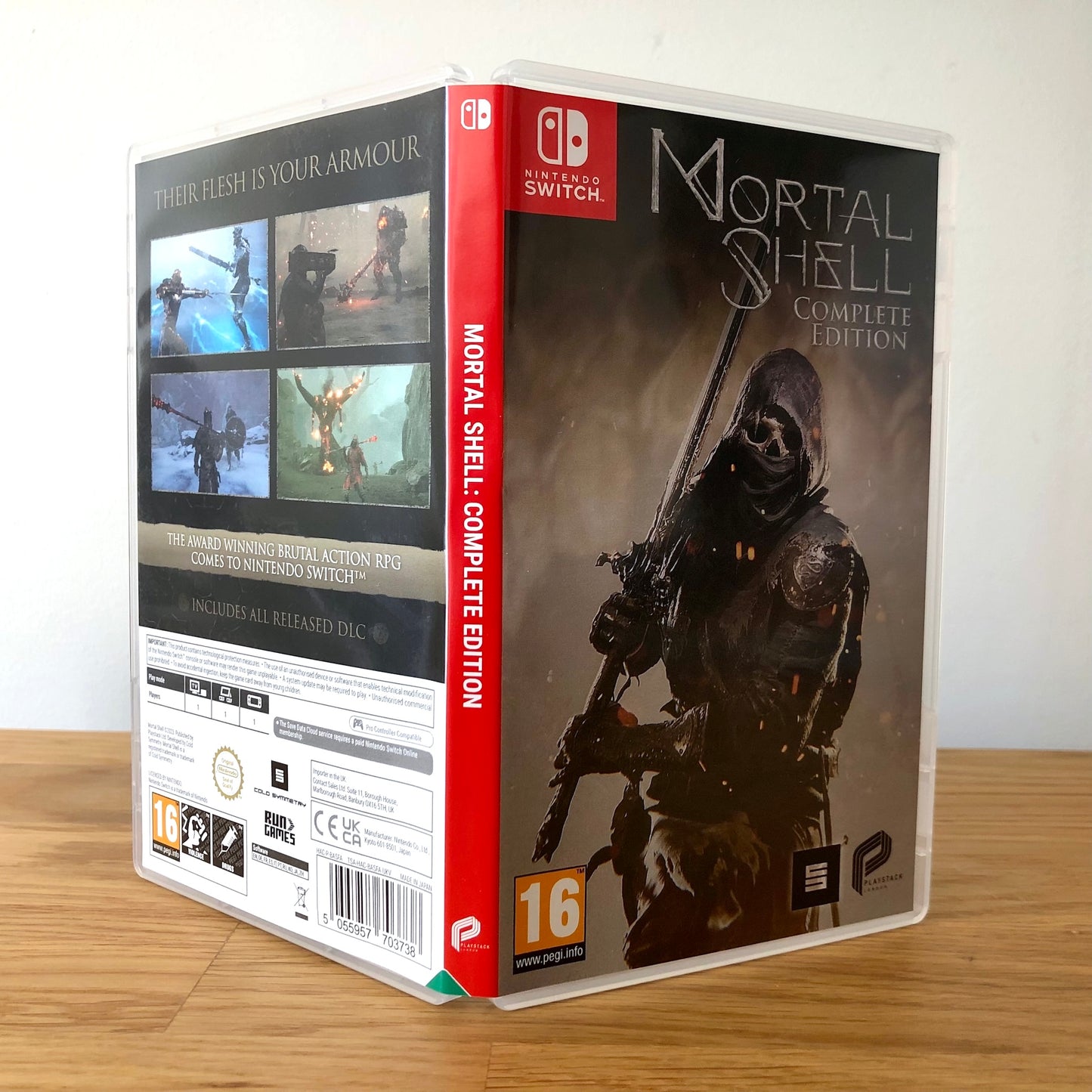 Angled front view of Mortal Shell: Complete Edition for Nintendo Switch, showing full front cover artwork.