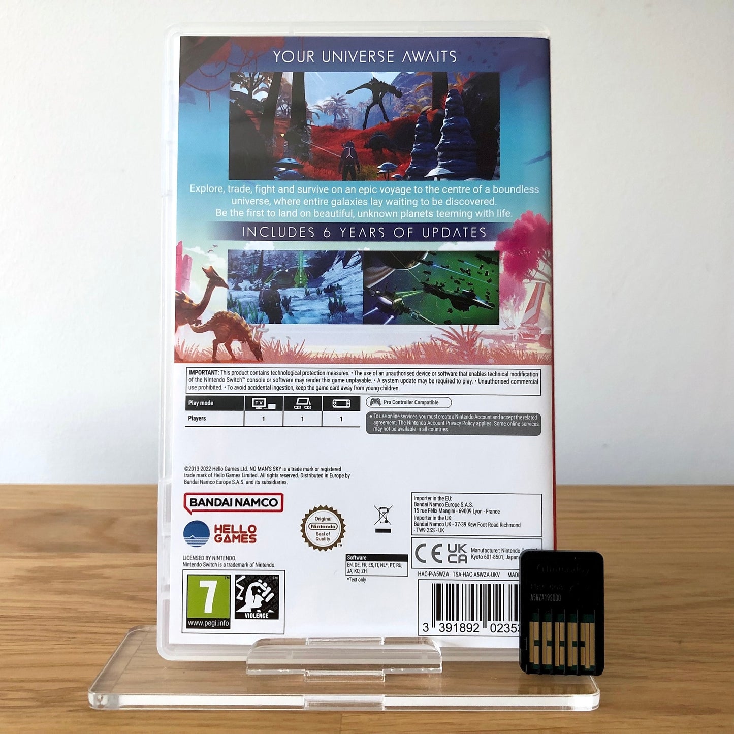 Back cover of No Man’s Sky for Nintendo Switch, showing game details, features, and back of cartridge.