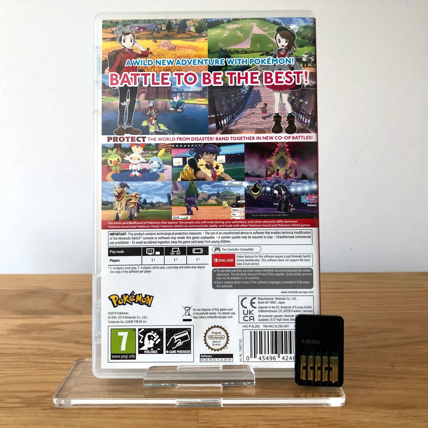 Back cover of Pokémon Shield for Nintendo Switch, showing game details, features, and back of cartridge.