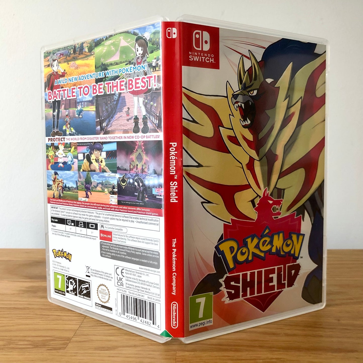 Angled front view of Pokémon Shield for Nintendo Switch, showing full front cover artwork.