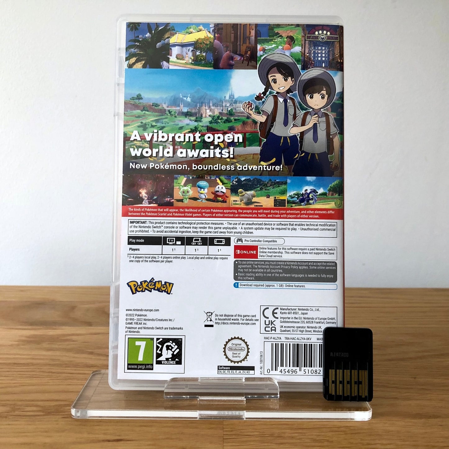 Back cover of Pokémon Violet for Nintendo Switch, showing game details, features, and back of cartridge.