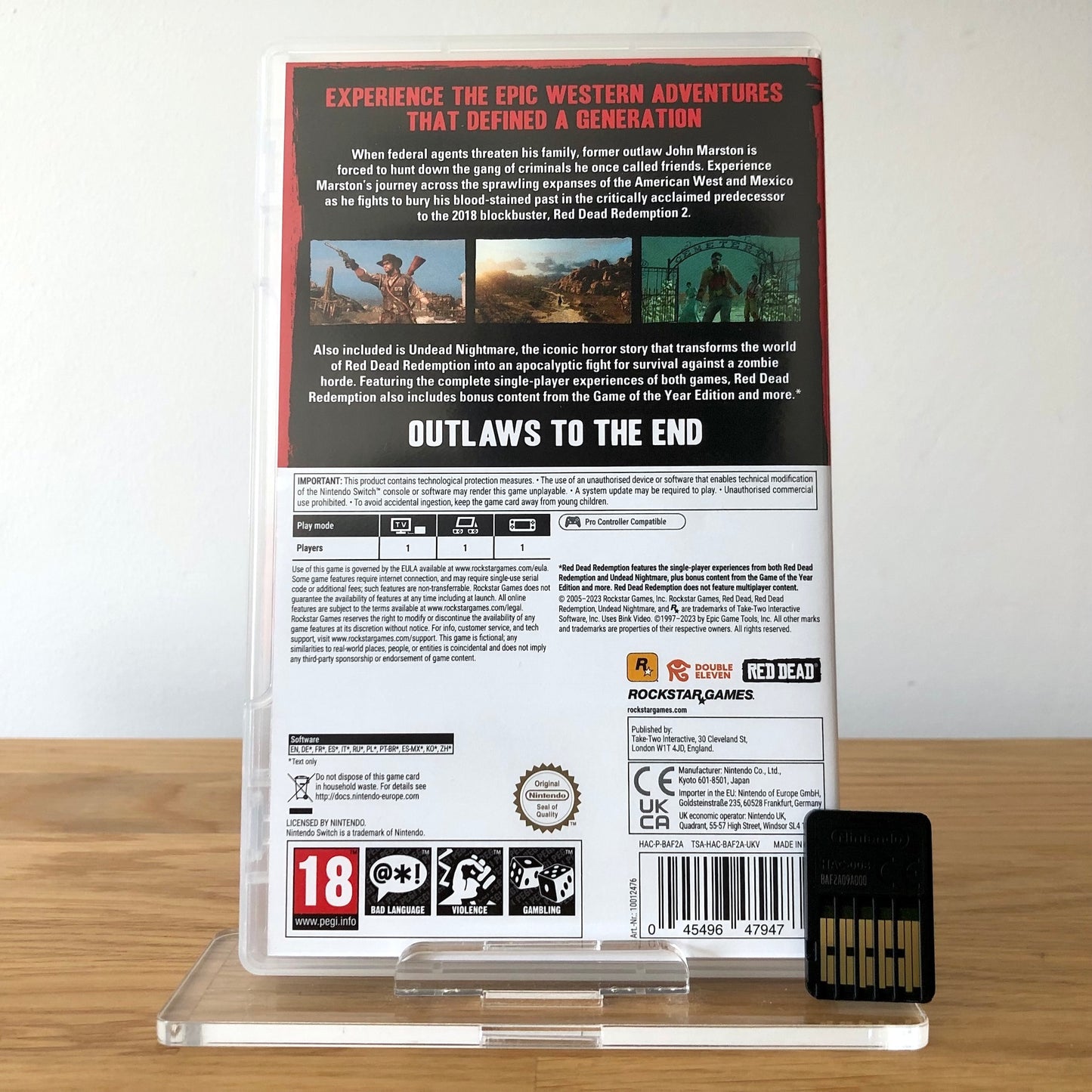 Back cover of Red Dead Redemption for Nintendo Switch, showing game details, features, and back of cartridge.