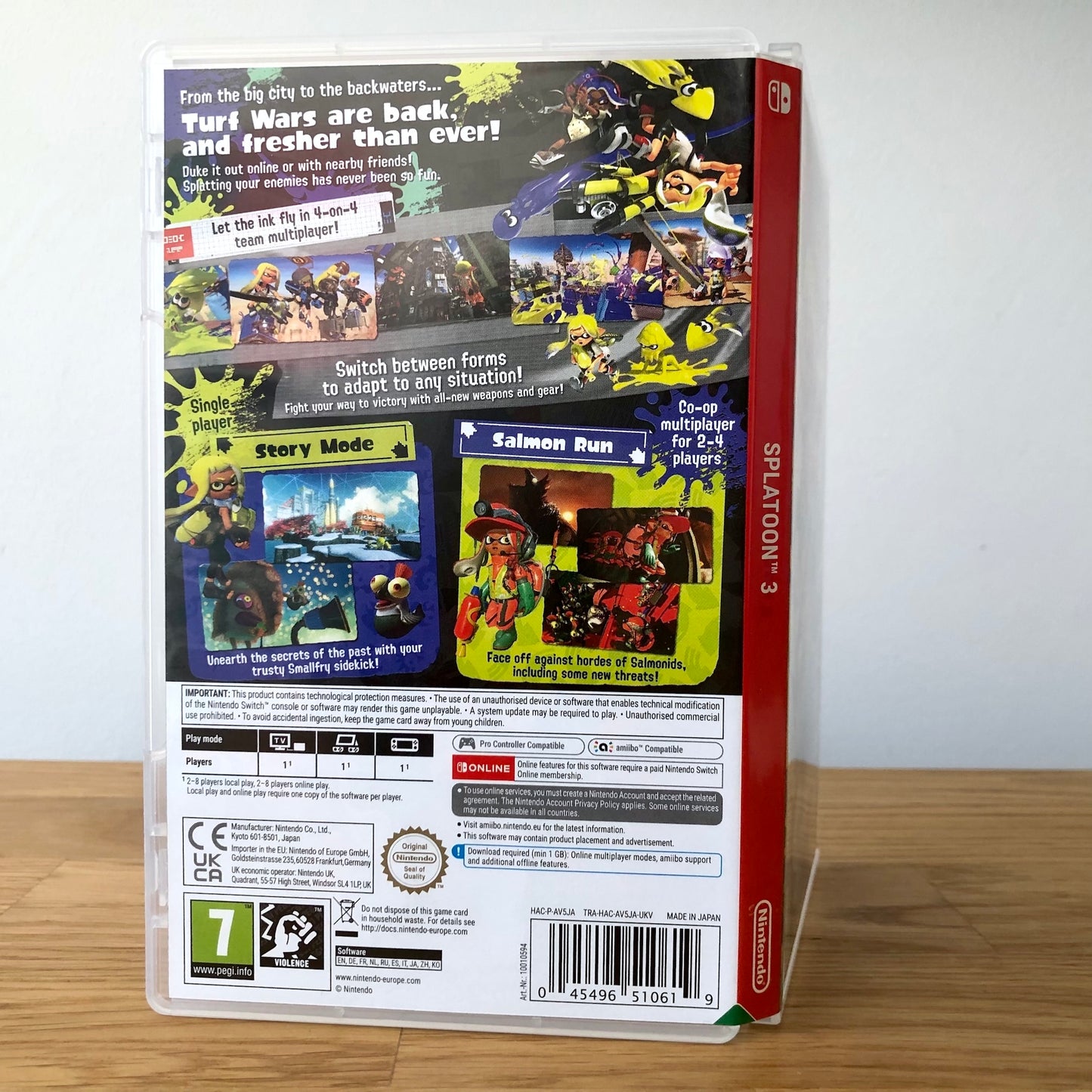 Angled back view of Splatoon 3 for Nintendo Switch, showing full back artwork and case layout.