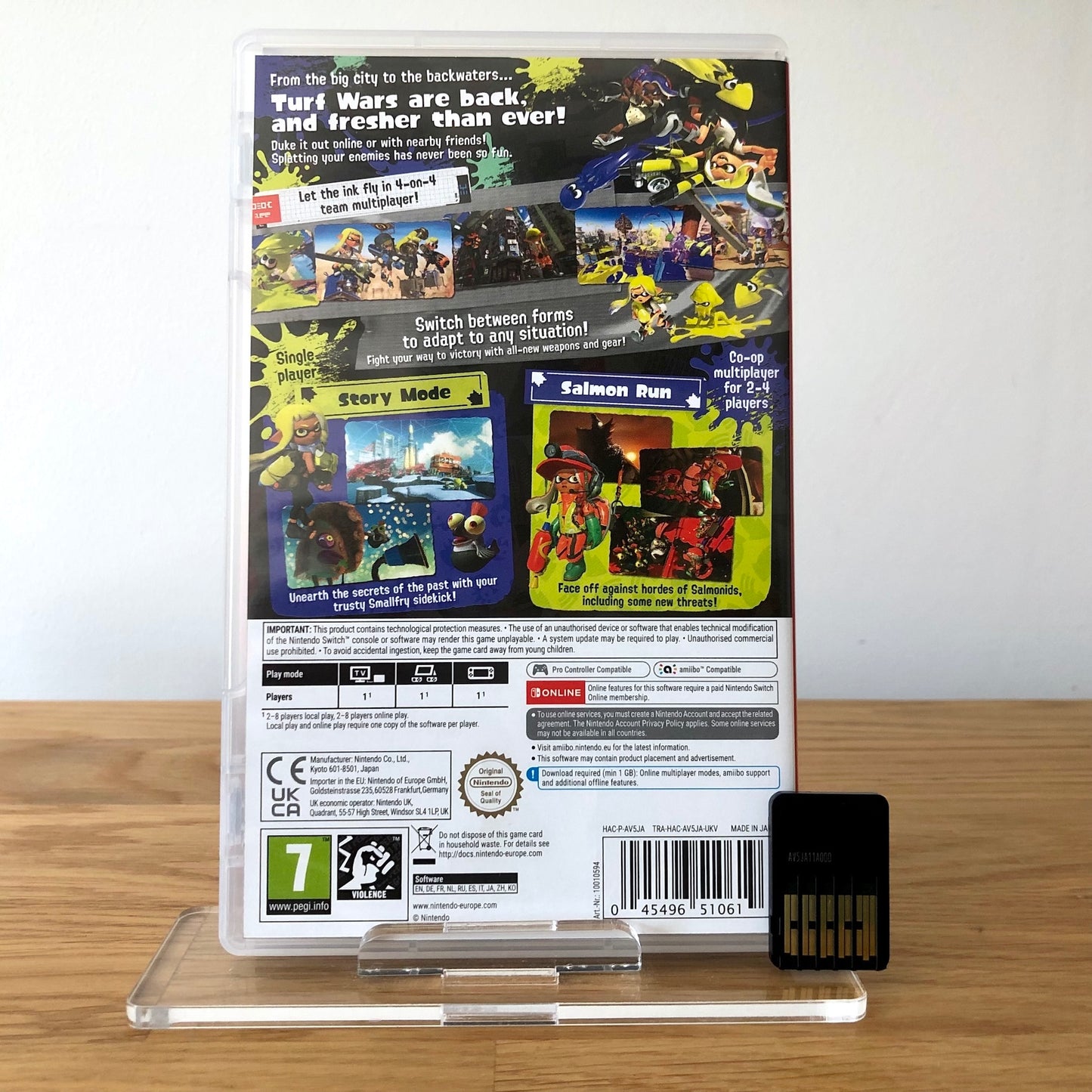 Back cover of Splatoon 3 for Nintendo Switch, showing game details, features, and back of cartridge.