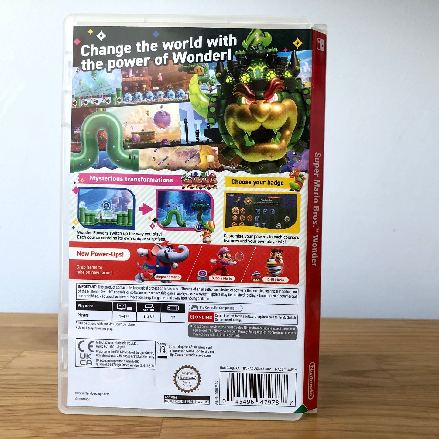 Angled back view of Super Mario Bros. Wonder for Nintendo Switch, showing full back artwork and case layout.