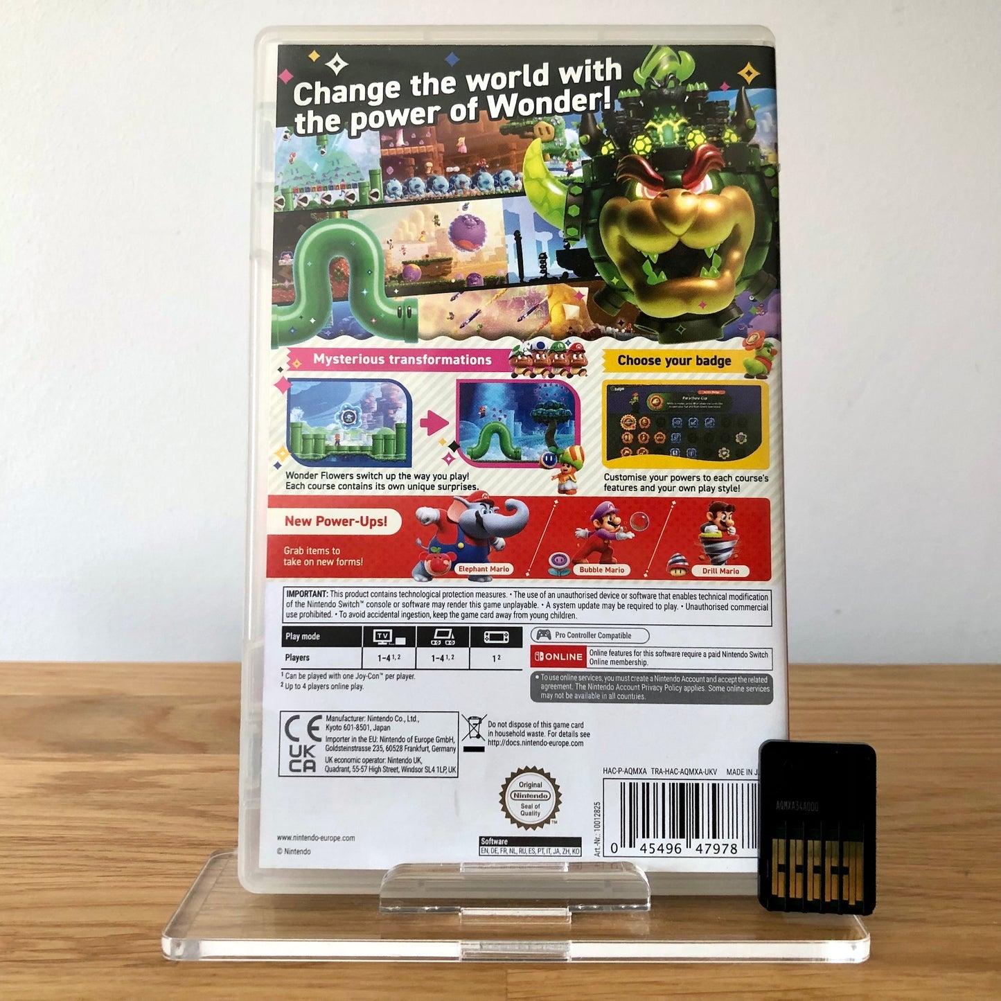 Back cover of Super Mario Bros. Wonder for Nintendo Switch, showing game details, features, and back of cartridge.