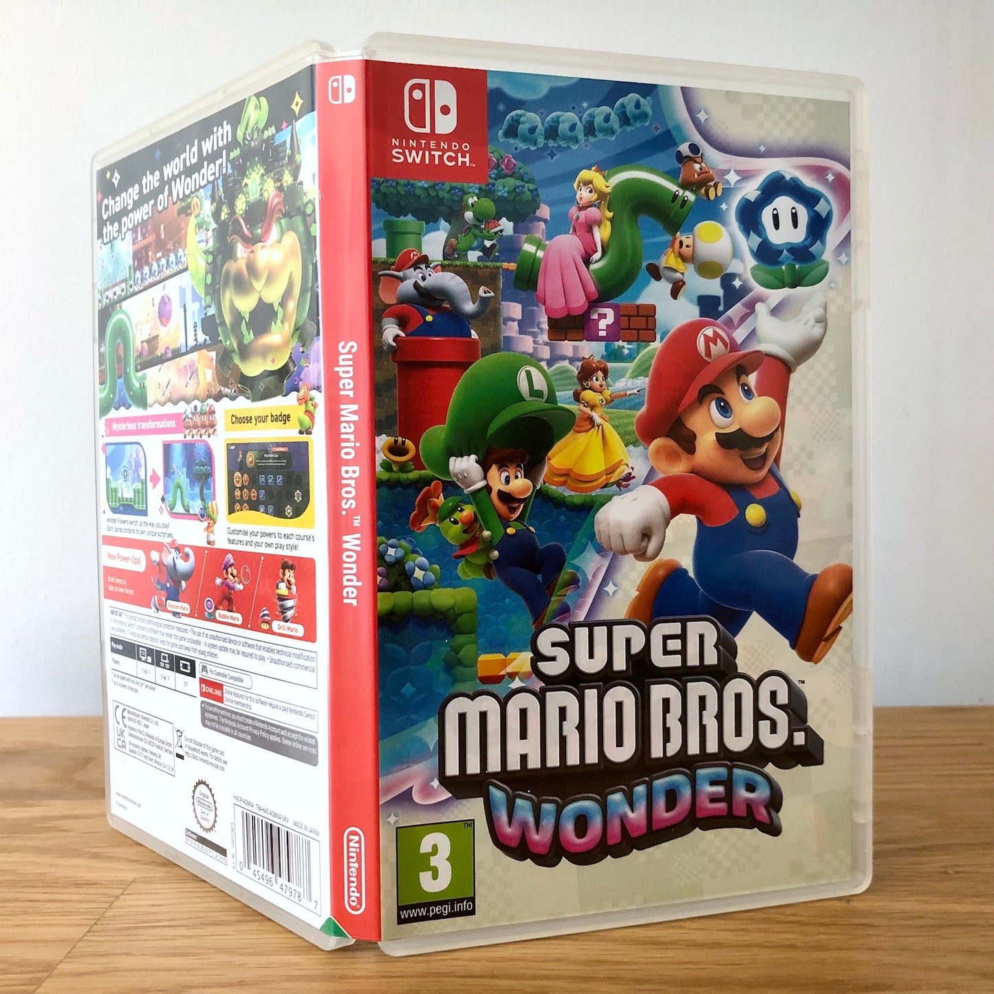 Angled front view of Super Mario Bros. Wonder for Nintendo Switch, highlighting full cover artwork and case.