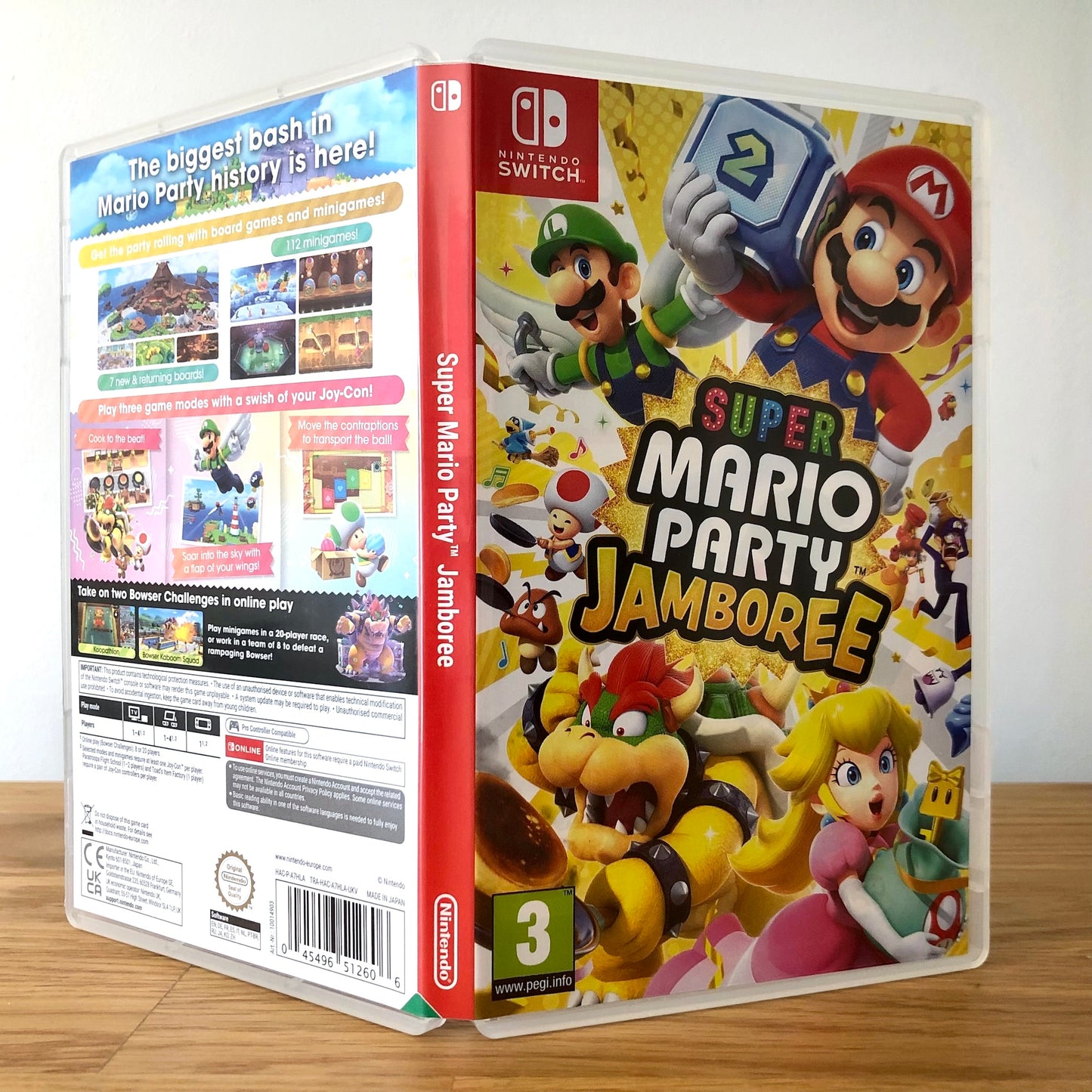Angled front view of Super Mario Party Jamboree for Nintendo Switch, highlighting full cover artwork and case.