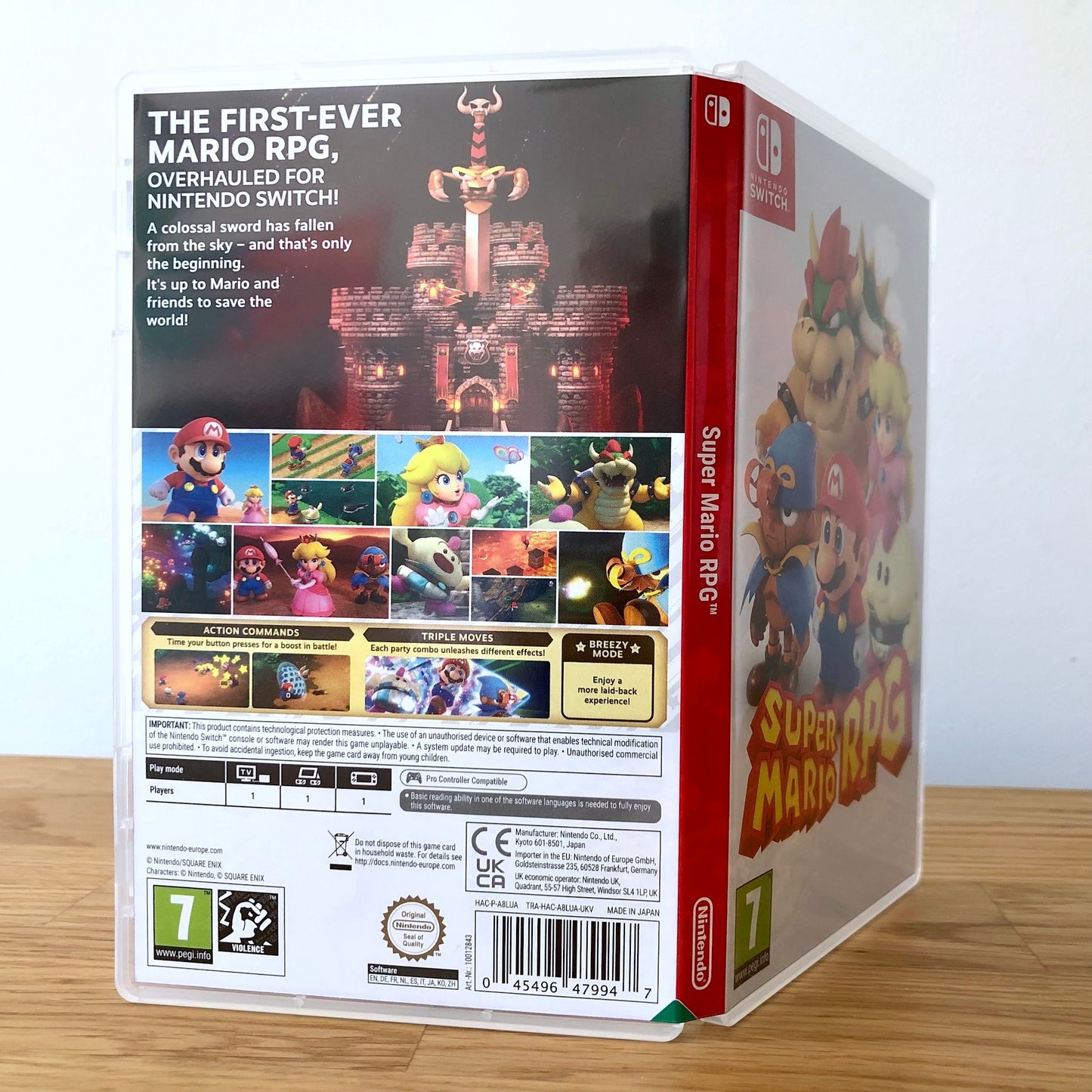 Angled back view of Super Mario RPG for Nintendo Switch, showing full back cover artwork.